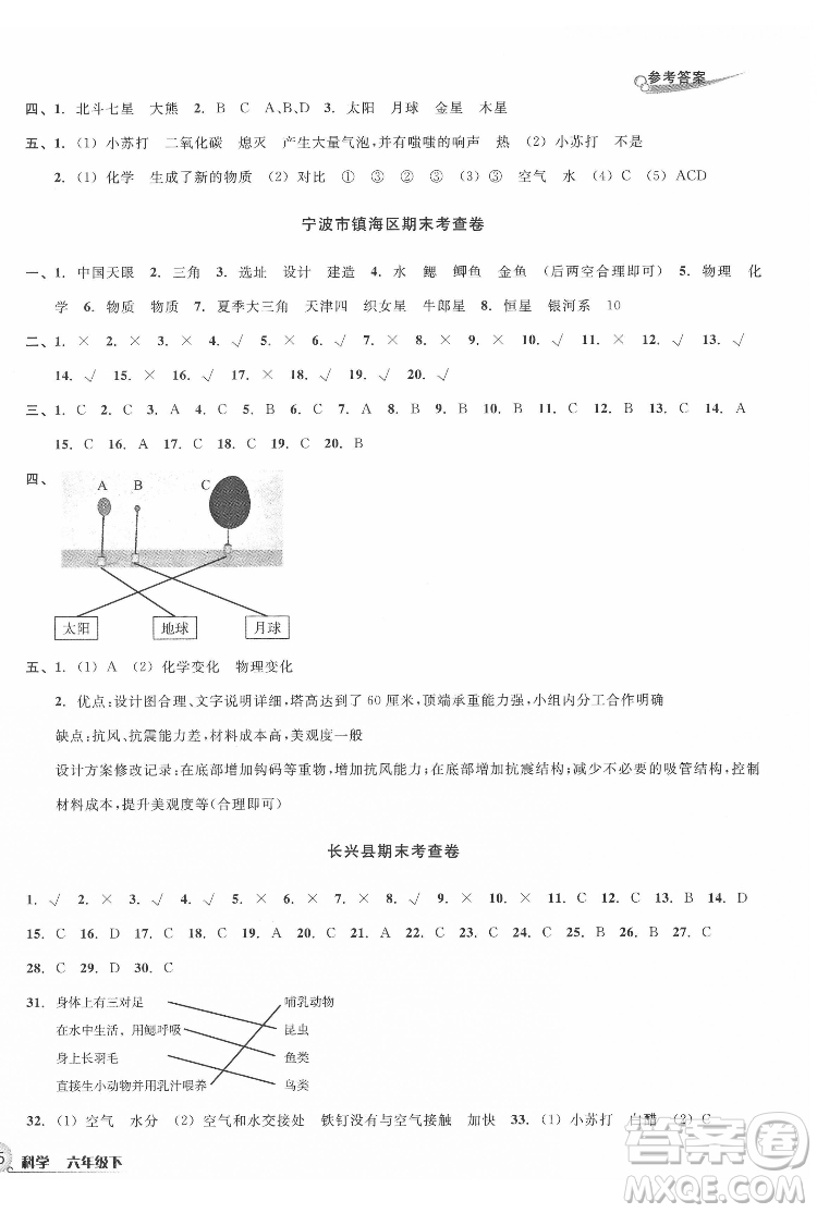 浙江教育出版社2022各地期末名卷精選科學(xué)六年級(jí)下冊(cè)教科版答案