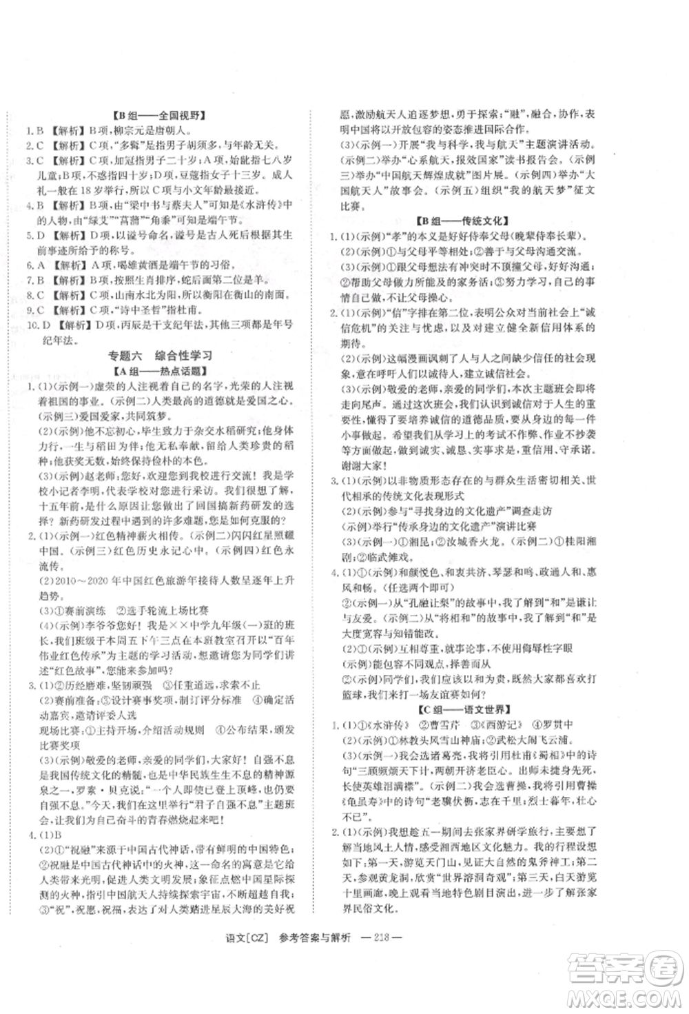 湖南師范大學(xué)出版社2022全效學(xué)習(xí)中考學(xué)練測(cè)聽課講義語文人教版郴州專版參考答案