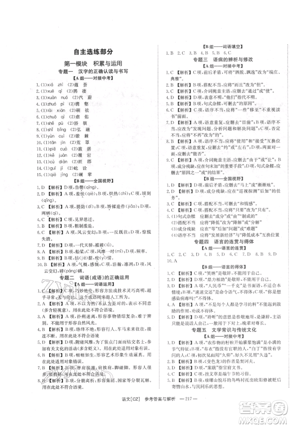 湖南師范大學(xué)出版社2022全效學(xué)習(xí)中考學(xué)練測(cè)聽課講義語文人教版郴州專版參考答案