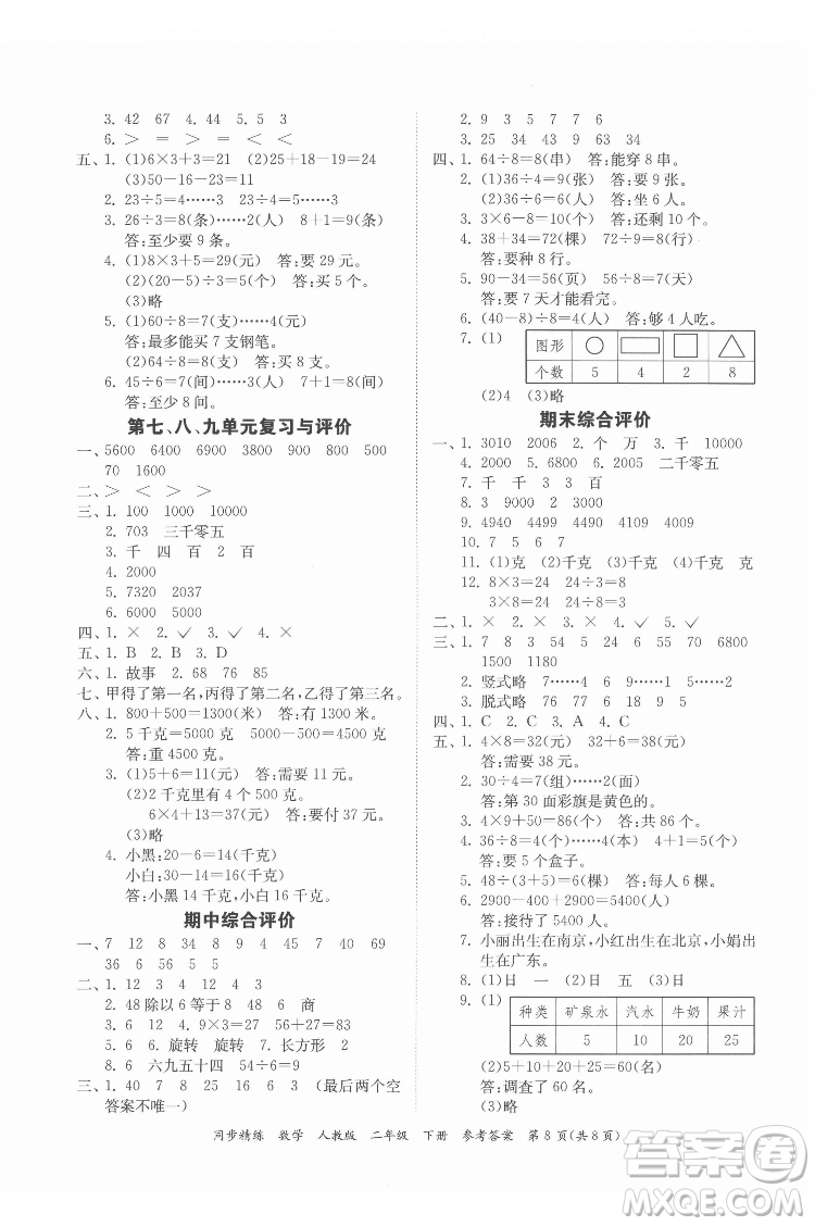 廣東人民出版社2022同步精練數(shù)學(xué)二年級(jí)下冊(cè)人教版答案