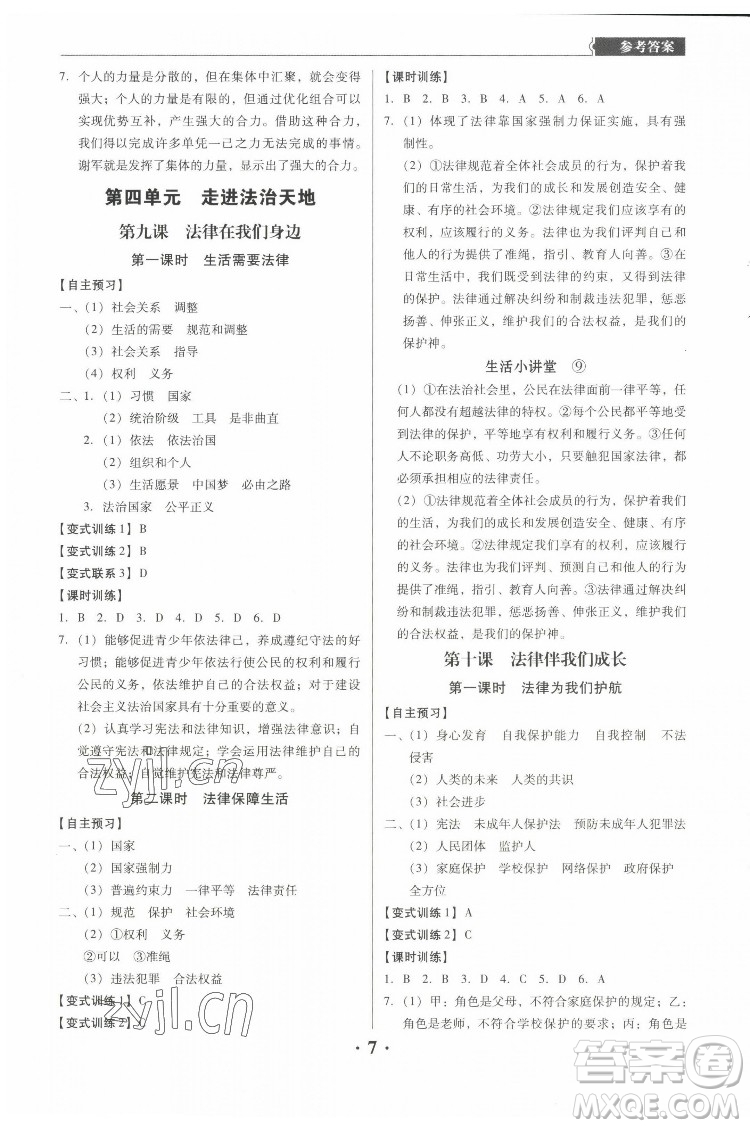 廣東人民出版社2022同步精練道德與法治七年級(jí)下冊(cè)人教版東莞專版答案