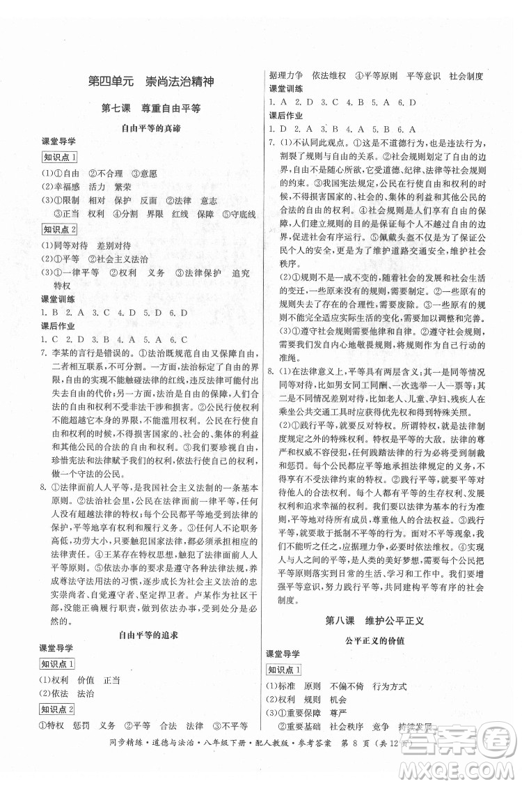 廣東人民出版社2022同步精練道德與法治八年級(jí)下冊人教版答案