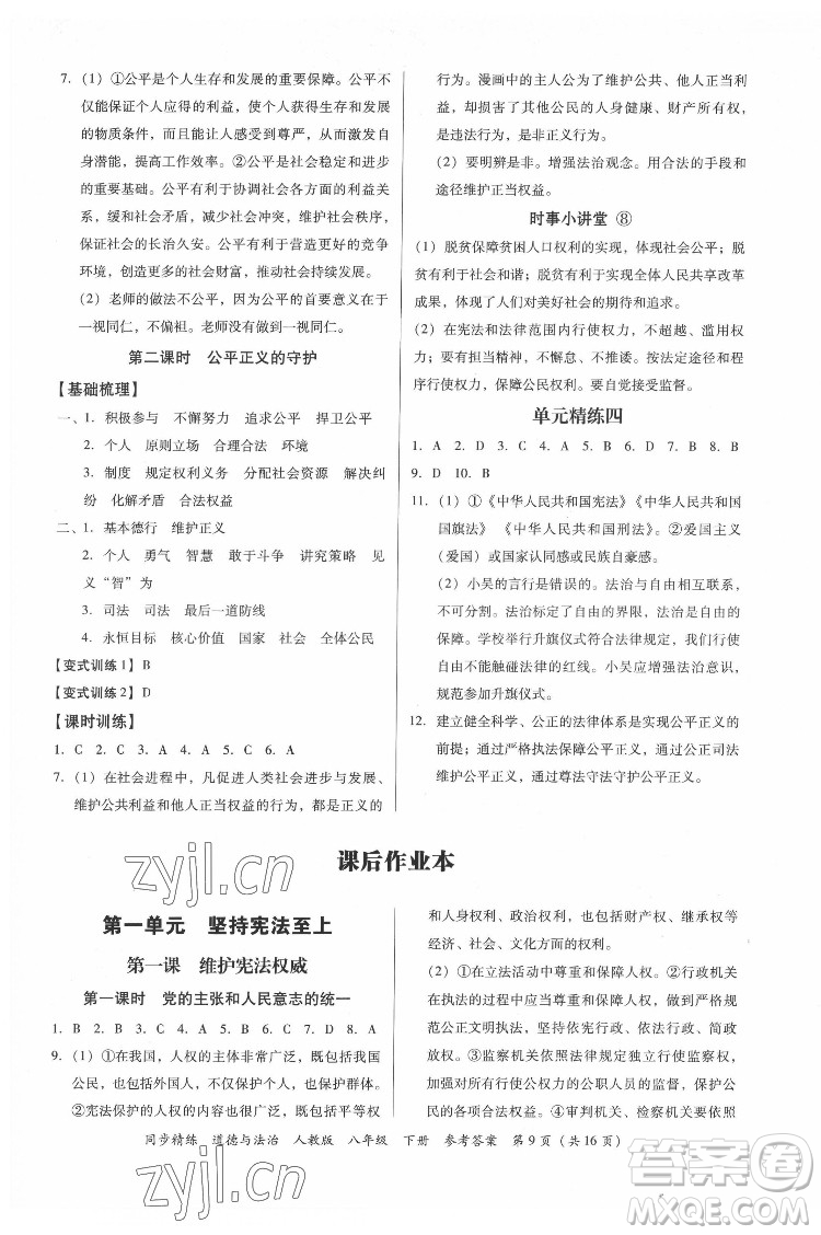 廣東人民出版社2022同步精練道德與法治八年級下冊人教版答案