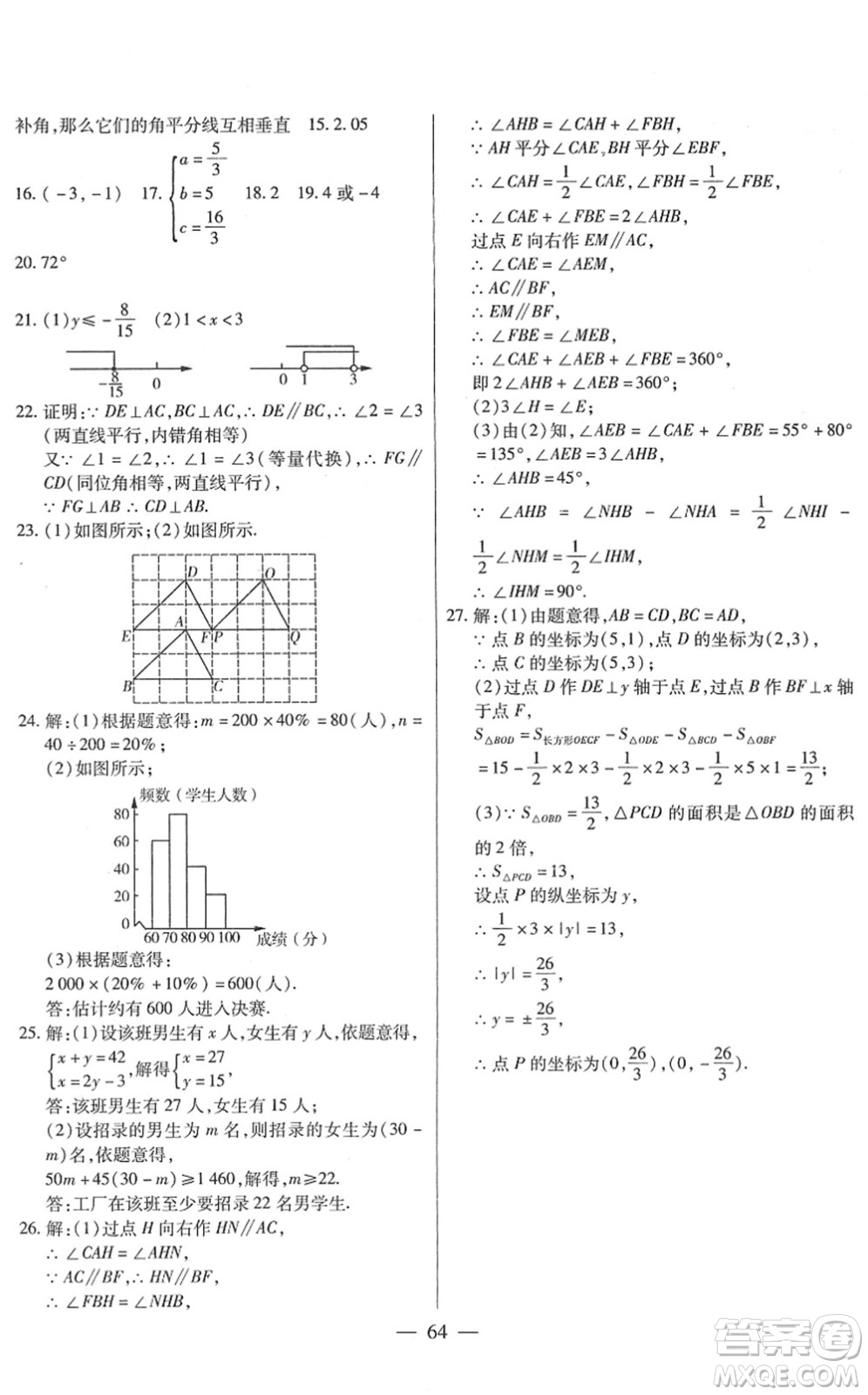 團(tuán)結(jié)出版社2022全練練測(cè)考七年級(jí)數(shù)學(xué)下冊(cè)人教版答案