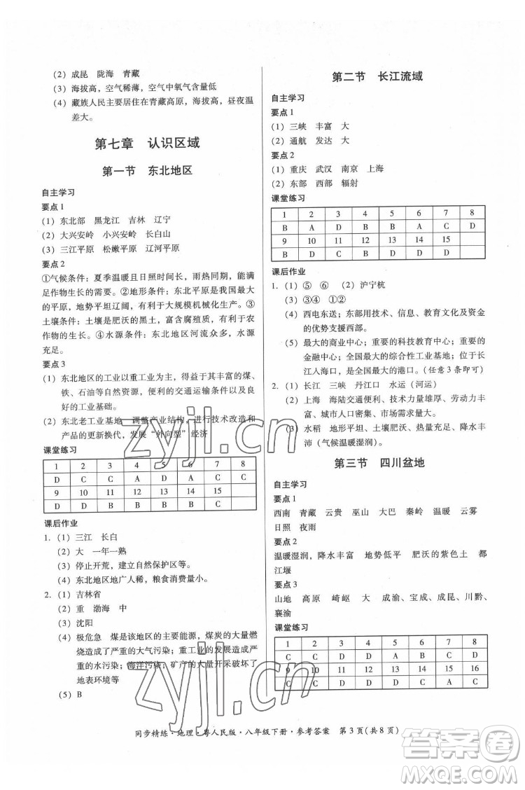 廣東人民出版社2022同步精練地理八年級下冊粵人民版答案