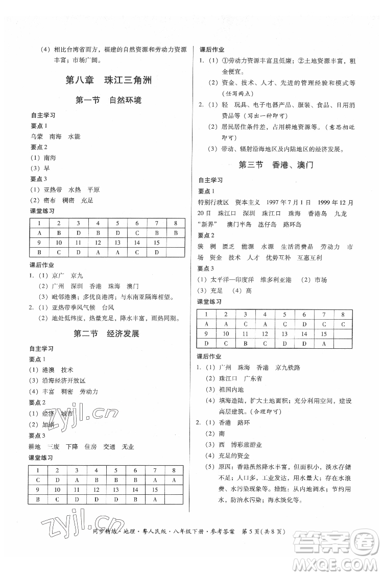 廣東人民出版社2022同步精練地理八年級下冊粵人民版答案