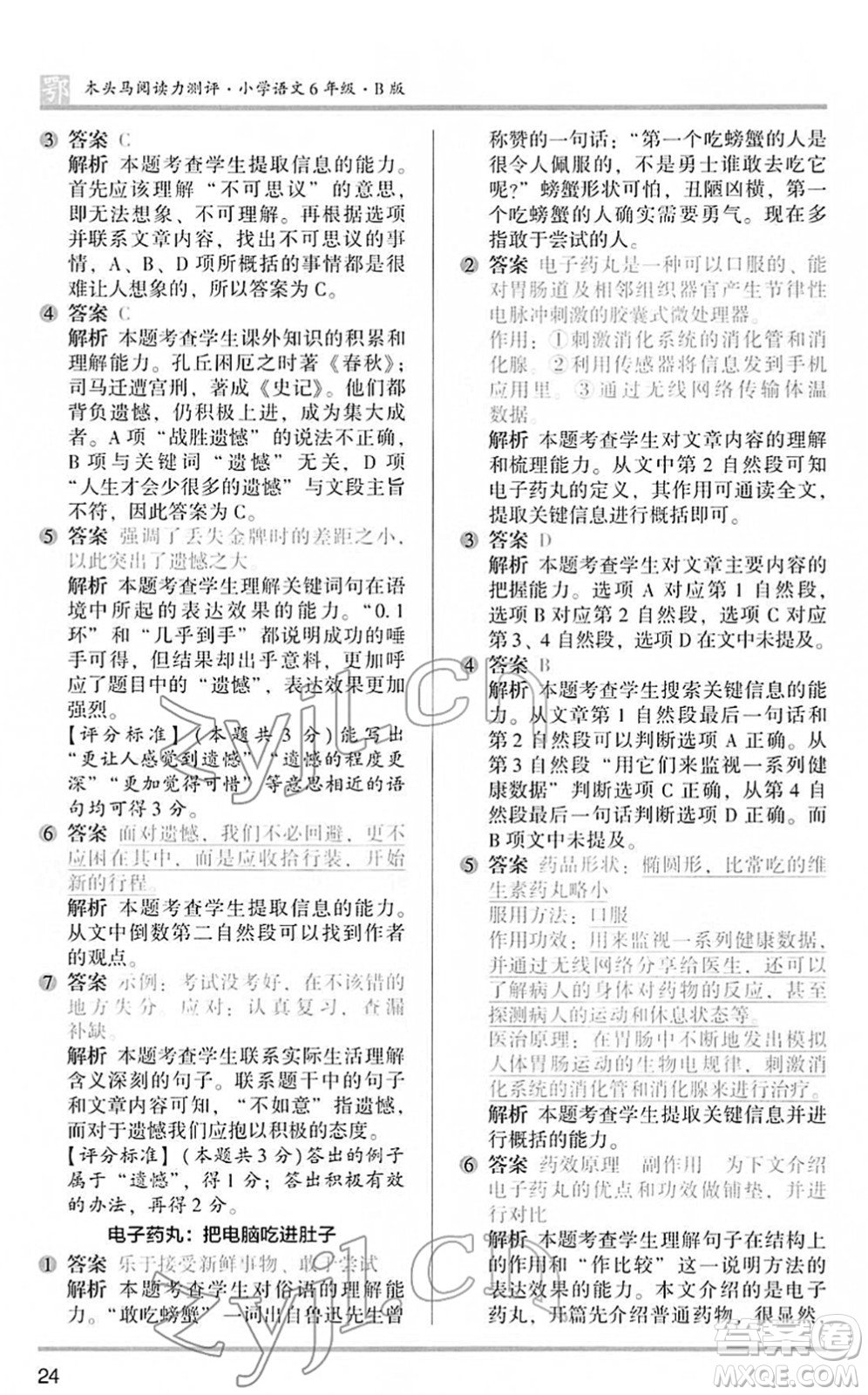 江蘇鳳凰文藝出版社2022木頭馬閱讀力測(cè)評(píng)六年級(jí)語(yǔ)文下冊(cè)B版武漢專版答案