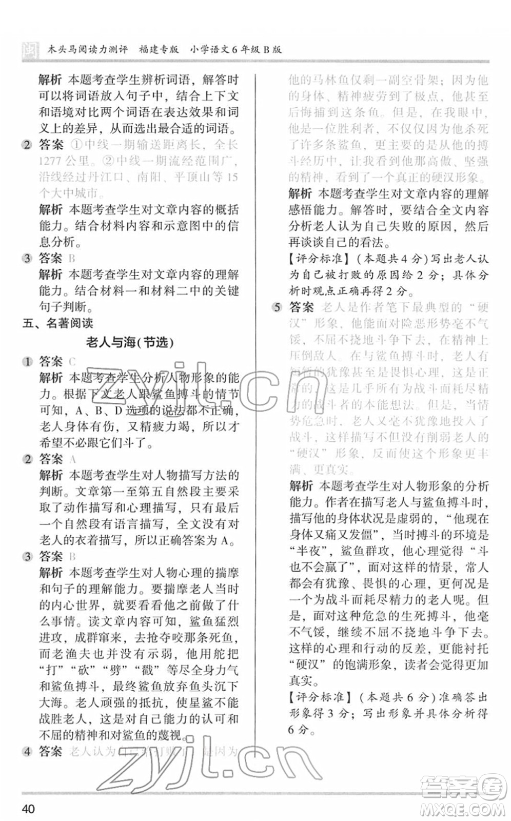 鷺江出版社2022木頭馬閱讀力測評六年級語文下冊B版福建專版答案