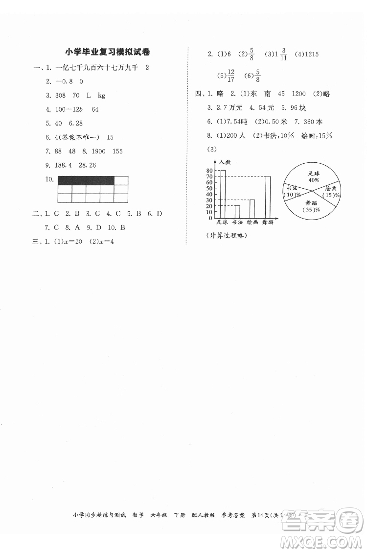 廣東教育出版社2022小學(xué)同步精練與測(cè)試數(shù)學(xué)六年級(jí)下冊(cè)人教版答案