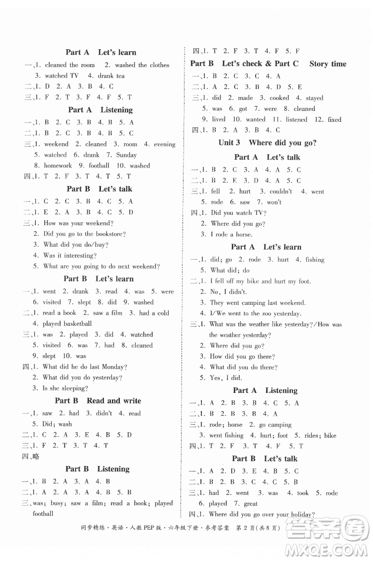 廣東教育出版社2022小學(xué)同步精練與測(cè)試英語六年級(jí)下冊(cè)人教版答案