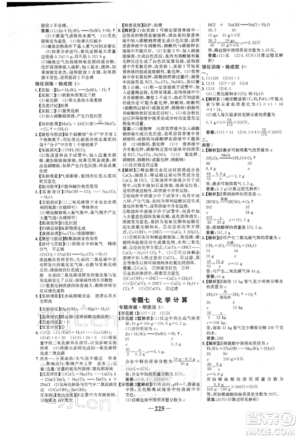 河北少年兒童出版社2022世紀金榜初中全程復習方略化學人教版新疆專版參考答案