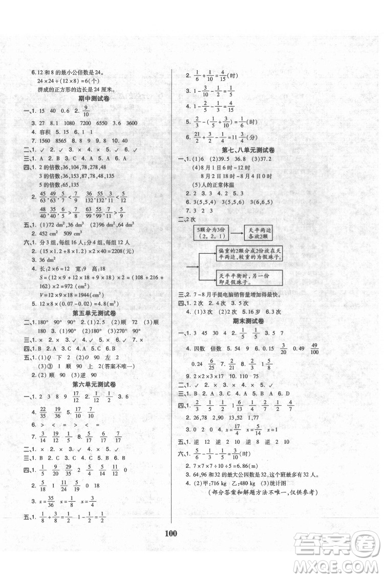 武漢大學(xué)出版社2022培優(yōu)紅領(lǐng)巾樂園數(shù)學(xué)五年級(jí)下冊(cè)A版人教版答案