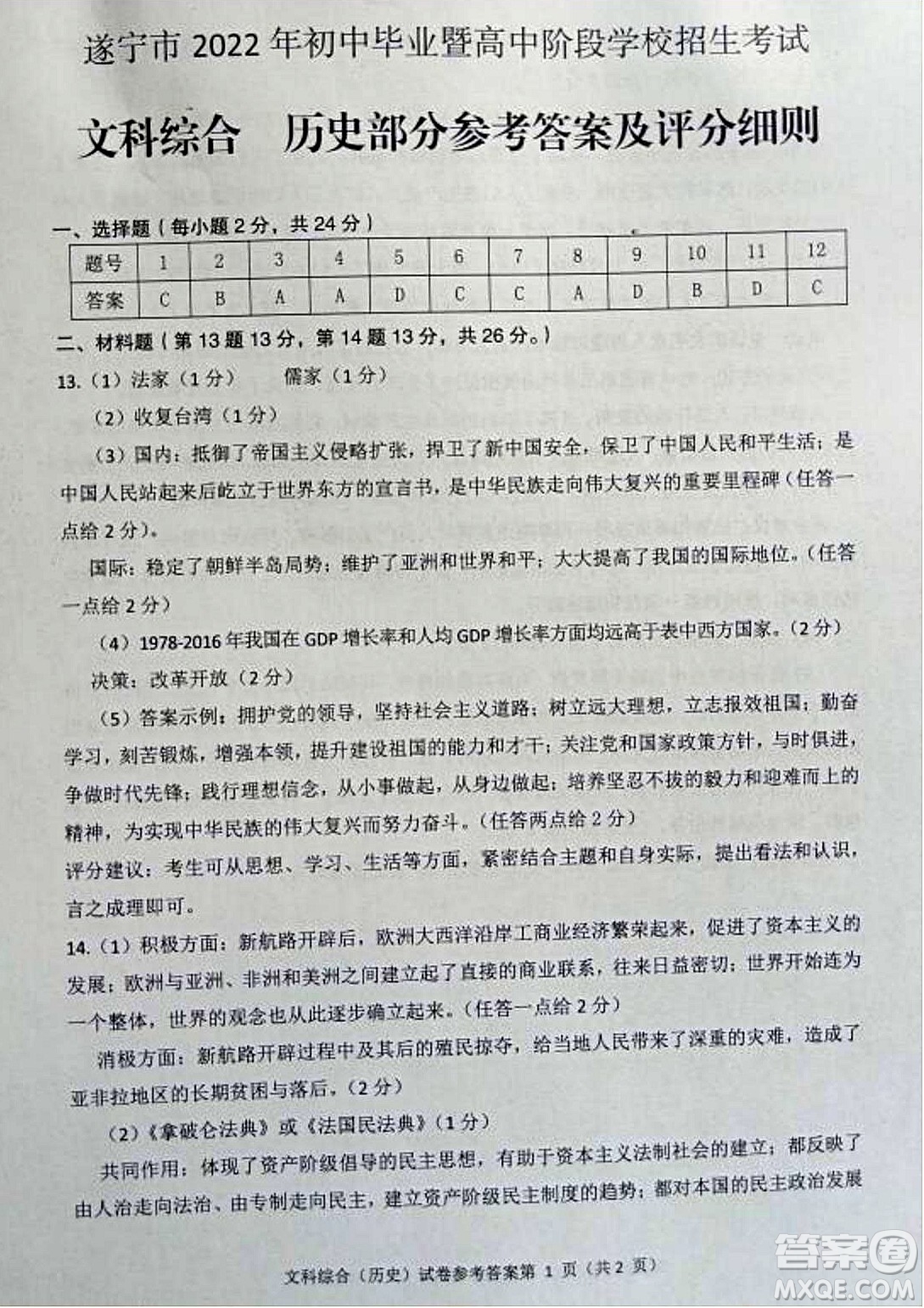 2022年四川省遂寧市中考?xì)v史真題試卷及答案