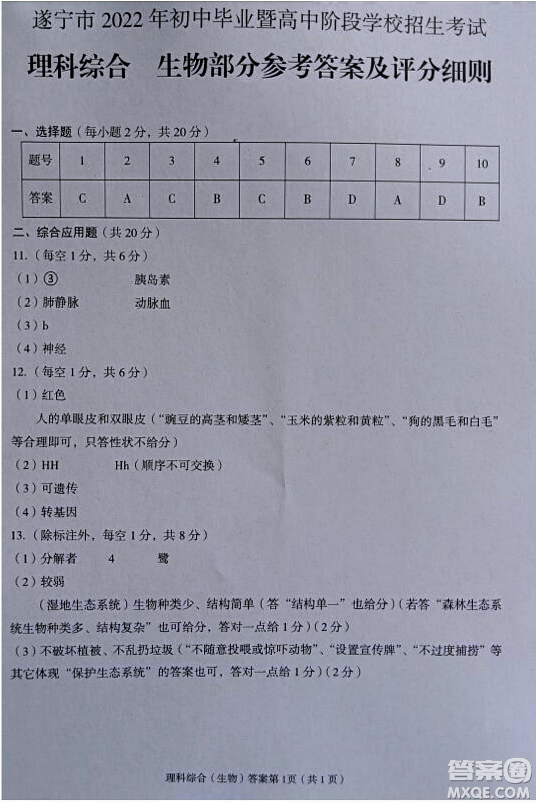 2022年四川省遂寧市中考生物真題試卷及答案