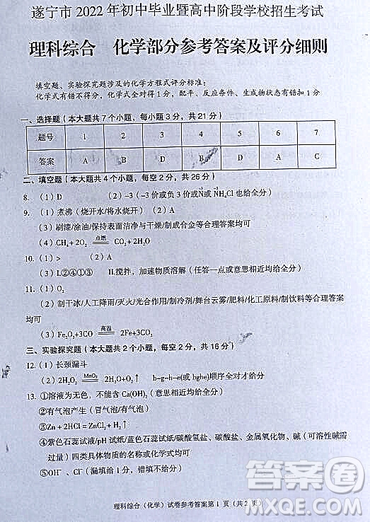 2022年四川省遂寧市中考化學真題試卷及答案