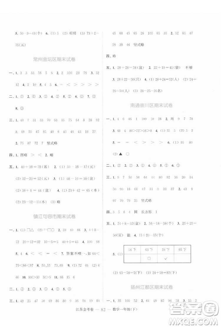 北方婦女兒童出版社2022江蘇金考卷數(shù)學(xué)一年級(jí)下冊(cè)蘇教版答案