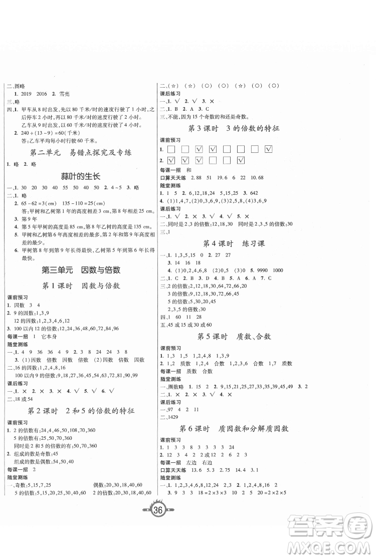 西安出版社2022創(chuàng)新課課練作業(yè)本數(shù)學(xué)五年級下冊SJ蘇教版答案