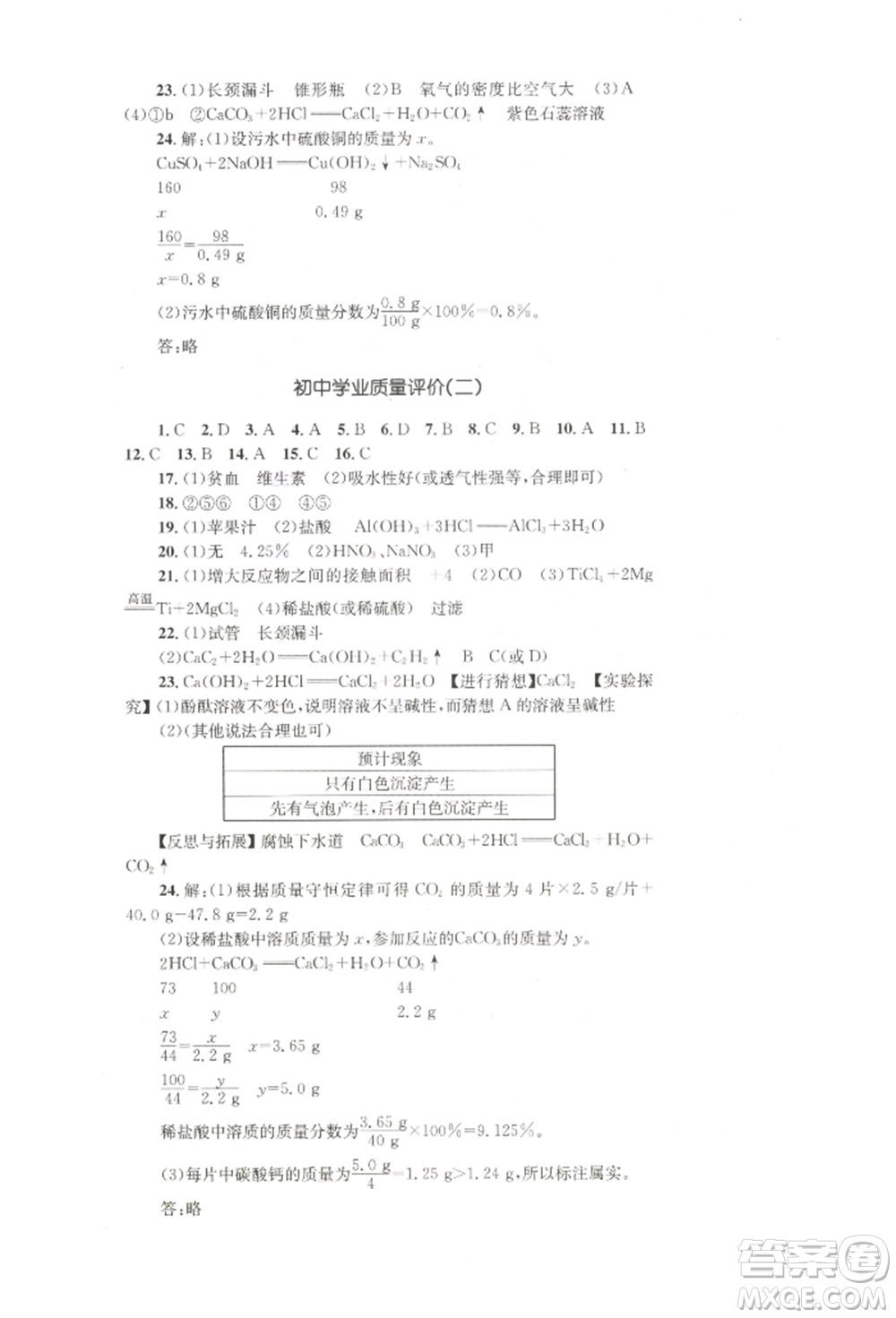 湖南教育出版社2022學科素養(yǎng)與能力提升九年級下冊化學人教版參考答案