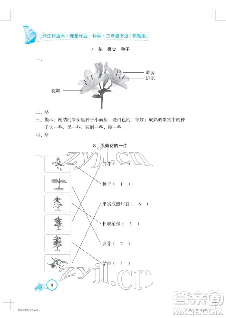 湖北教育出版社2022長江作業(yè)本課堂作業(yè)科學三年級下冊鄂教版答案