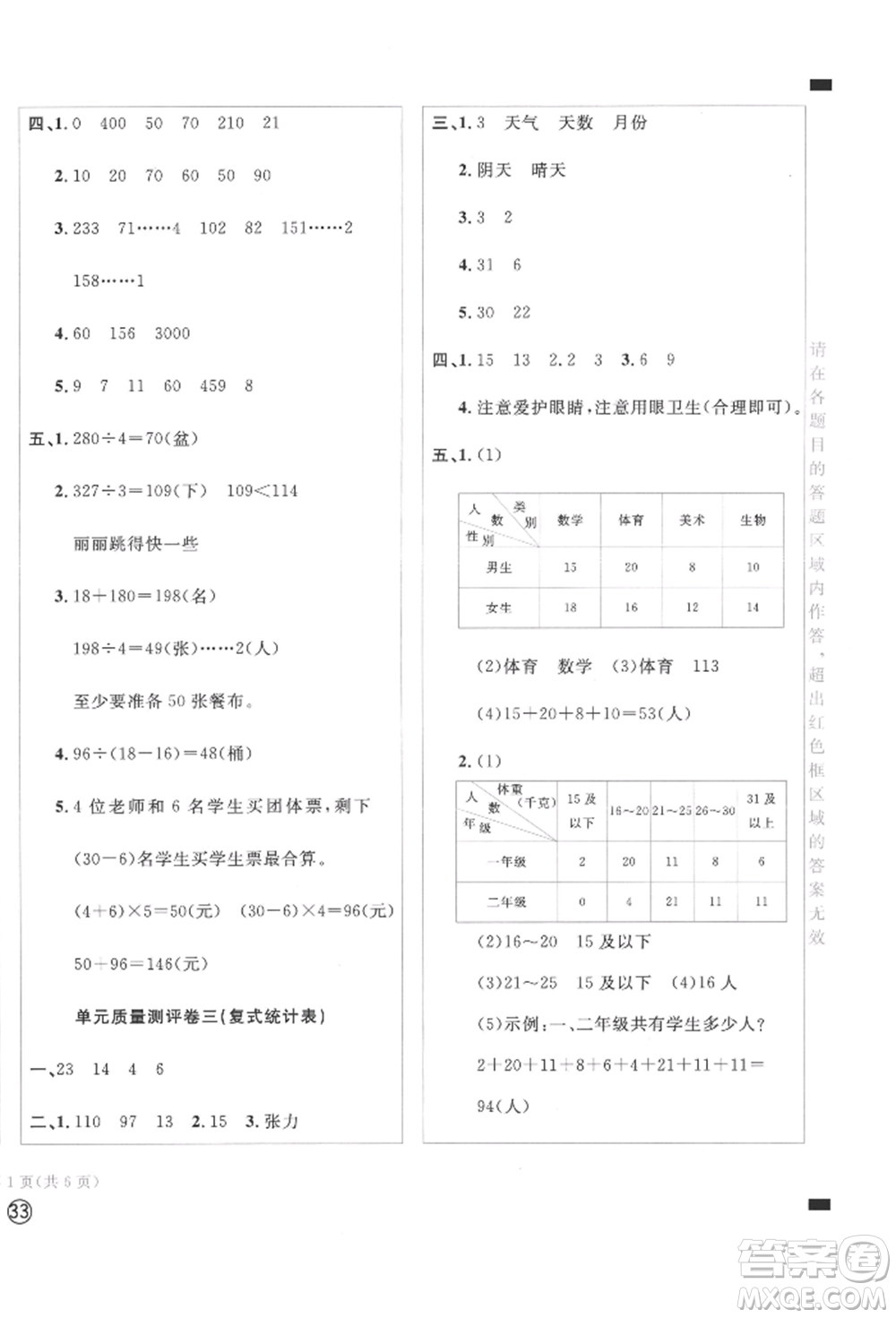 四川辭書出版社2022學科素養(yǎng)質(zhì)量測評卷三年級下冊數(shù)學人教版參考答案