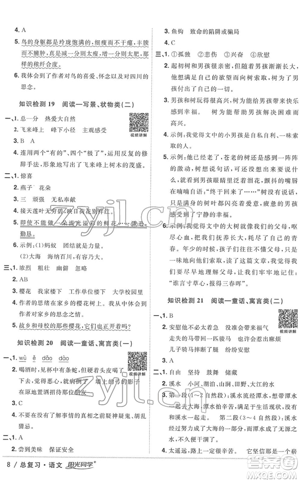 江西教育出版社2022陽光同學浙江省小學畢業(yè)升學系統(tǒng)總復習六年級語文下冊人教版答案