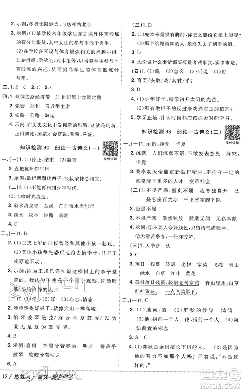 江西教育出版社2022陽光同學浙江省小學畢業(yè)升學系統(tǒng)總復習六年級語文下冊人教版答案