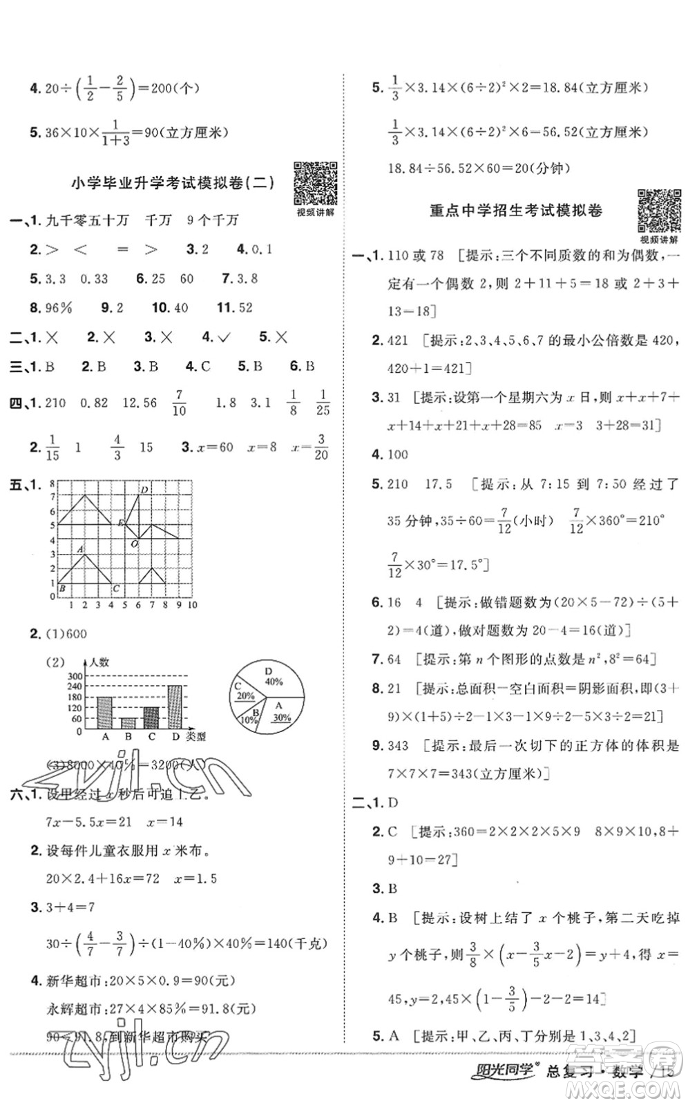 江西教育出版社2022陽光同學(xué)小學(xué)畢業(yè)升學(xué)系統(tǒng)總復(fù)習(xí)六年級數(shù)學(xué)下冊人教版答案