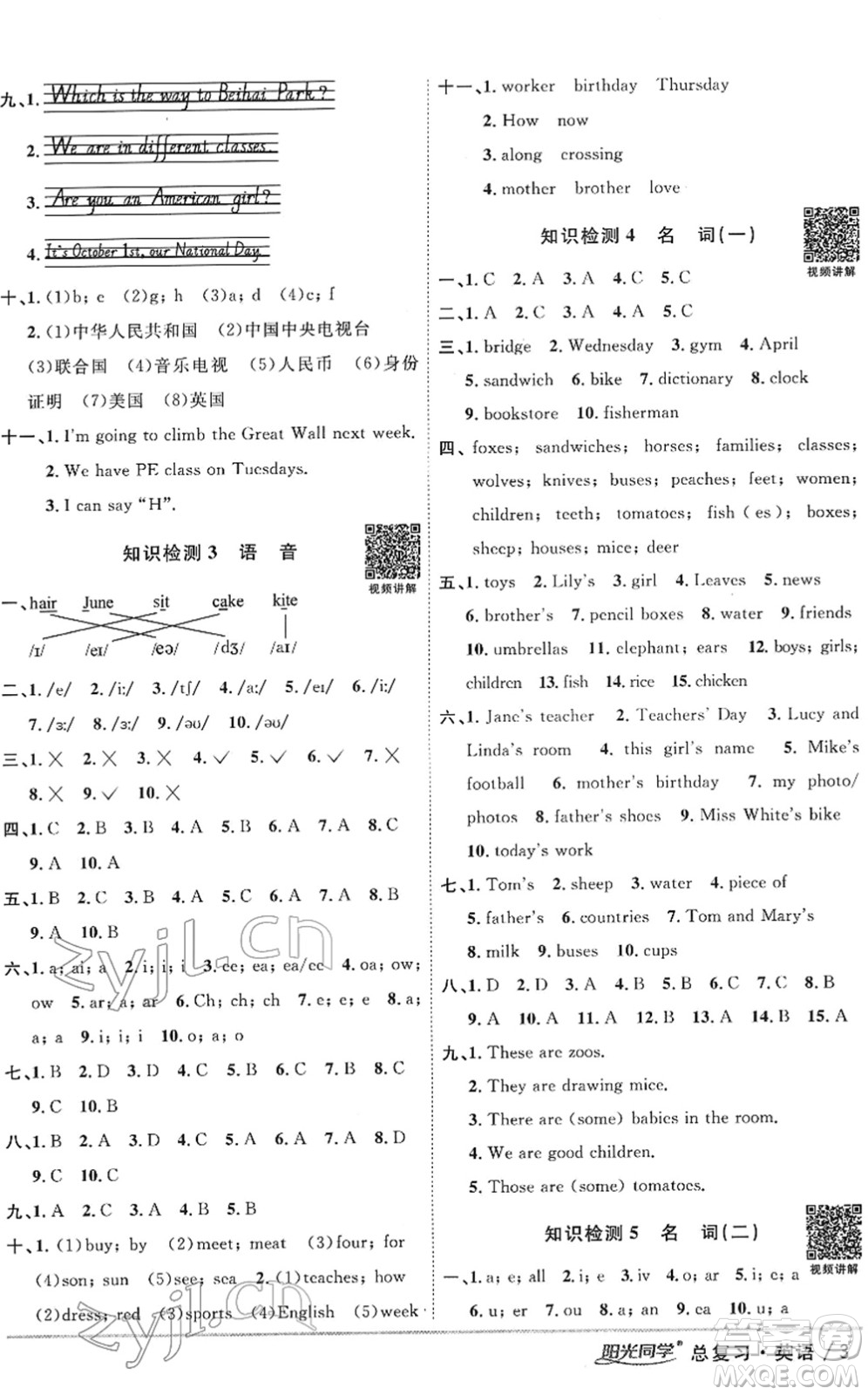 江西教育出版社2022陽光同學(xué)浙江省小學(xué)畢業(yè)升學(xué)系統(tǒng)總復(fù)習(xí)六年級英語下冊人教版答案