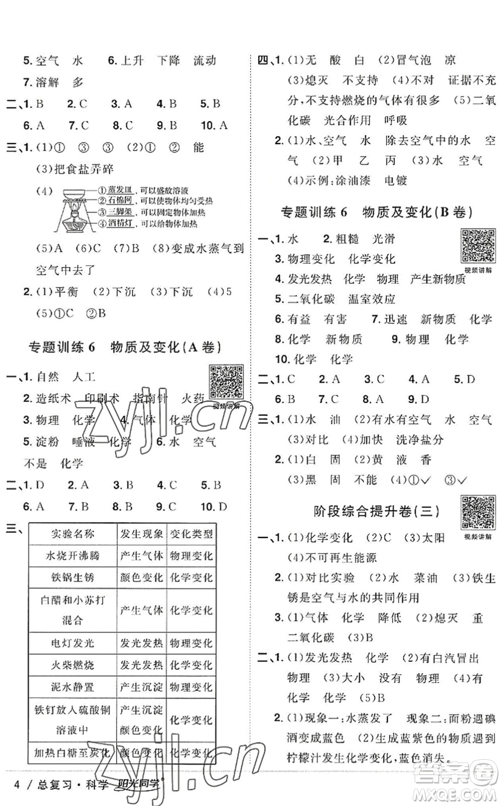 江西教育出版社2022陽(yáng)光同學(xué)小學(xué)畢業(yè)升學(xué)系統(tǒng)總復(fù)習(xí)六年級(jí)科學(xué)下冊(cè)通用版答案