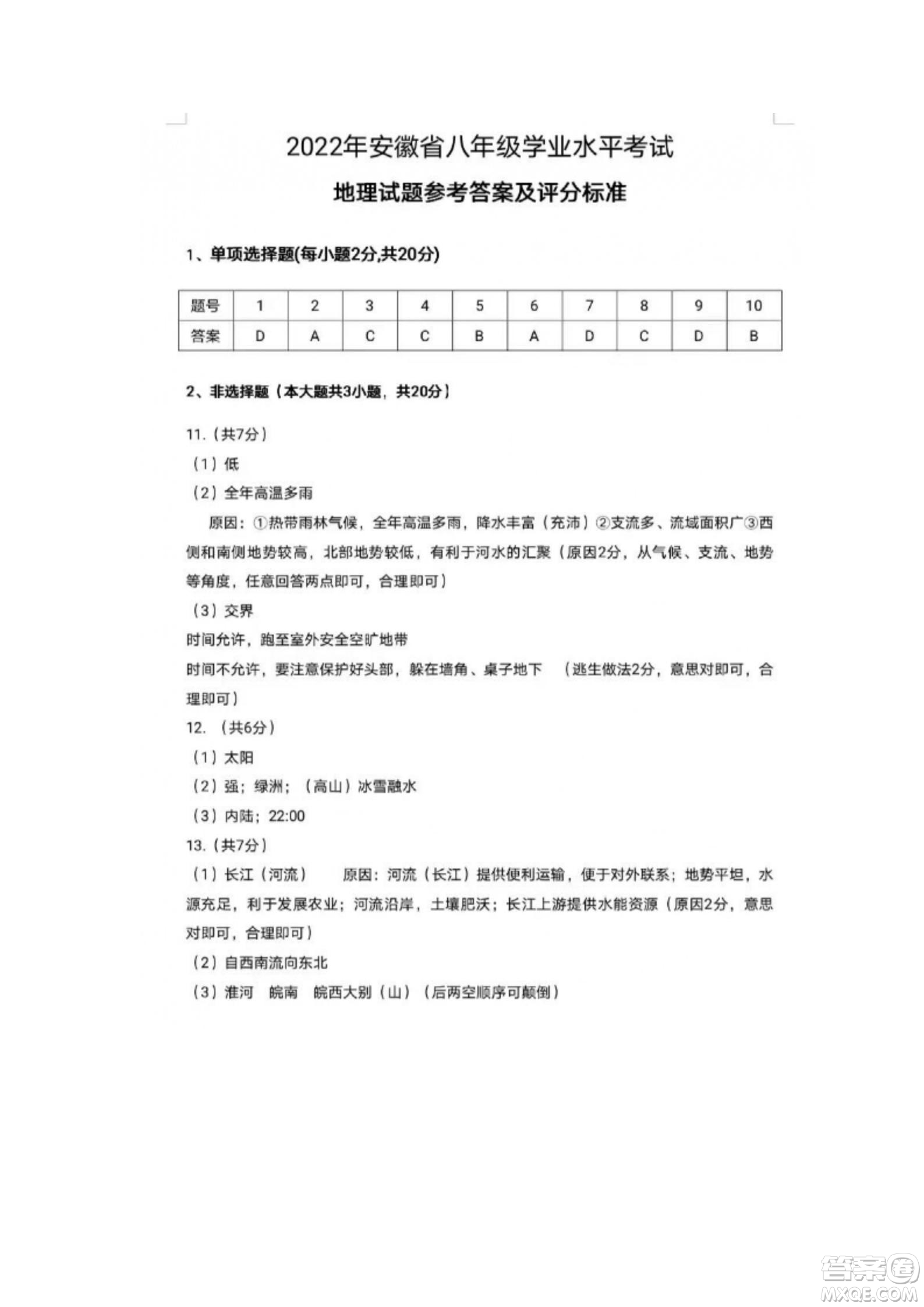 2022年安徽省初中八年級(jí)學(xué)業(yè)水平考試地理試題及答案