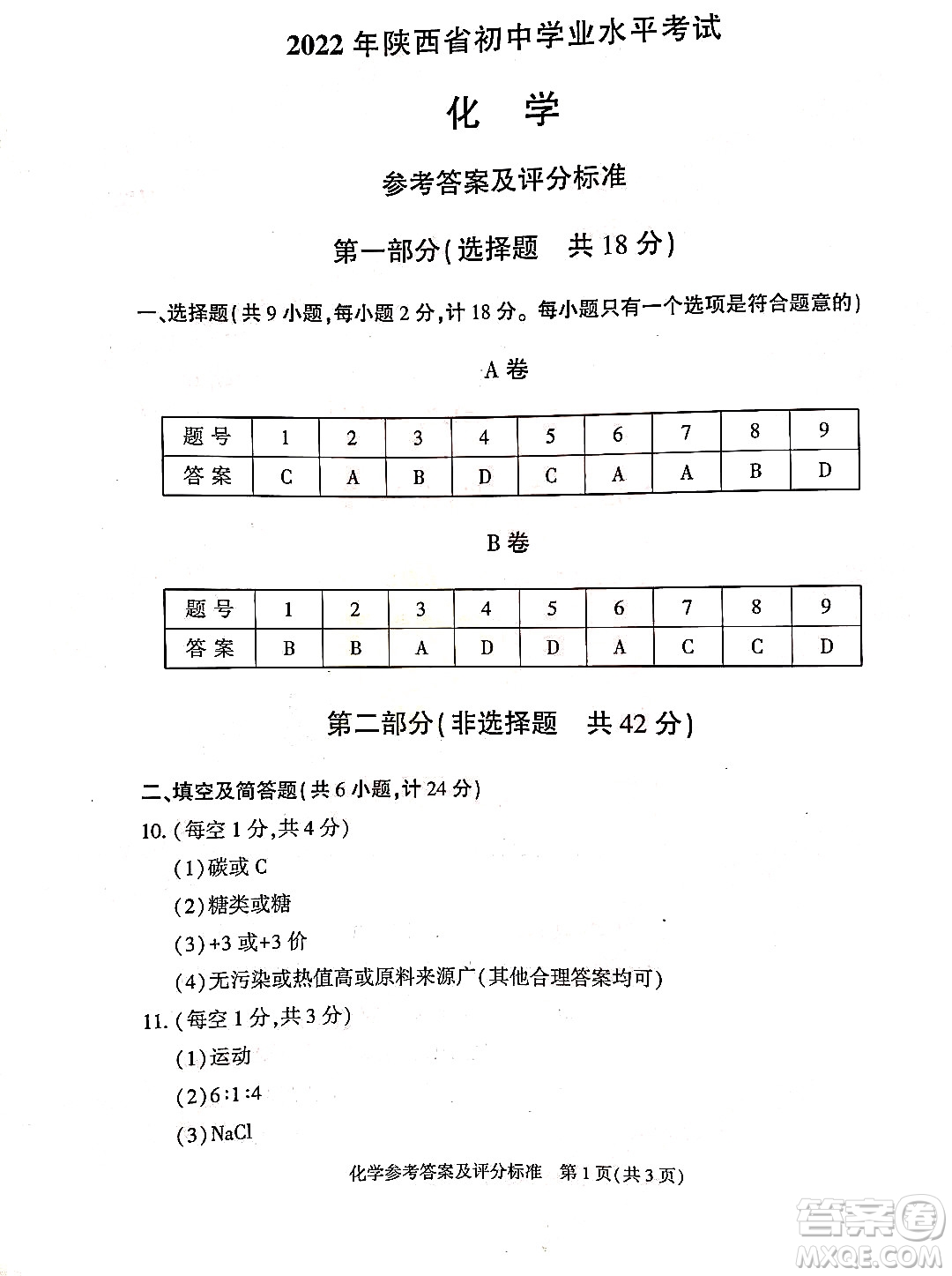 2022年陜西省初中學業(yè)水平考試化學試題及答案