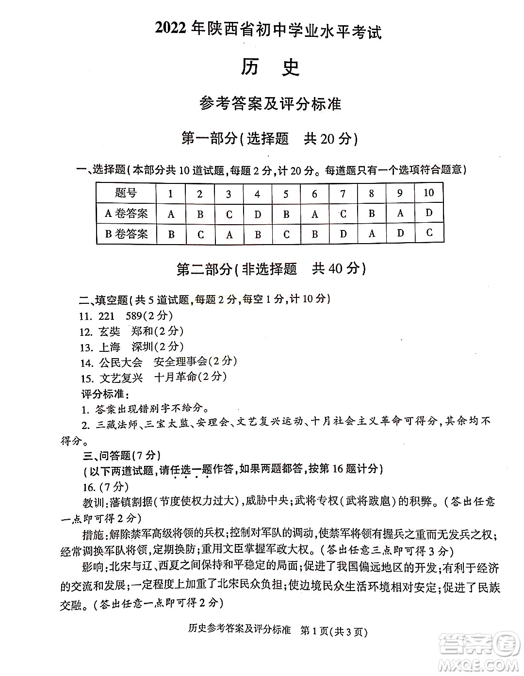 2022年陜西省初中學(xué)業(yè)水平考試歷史試題及答案