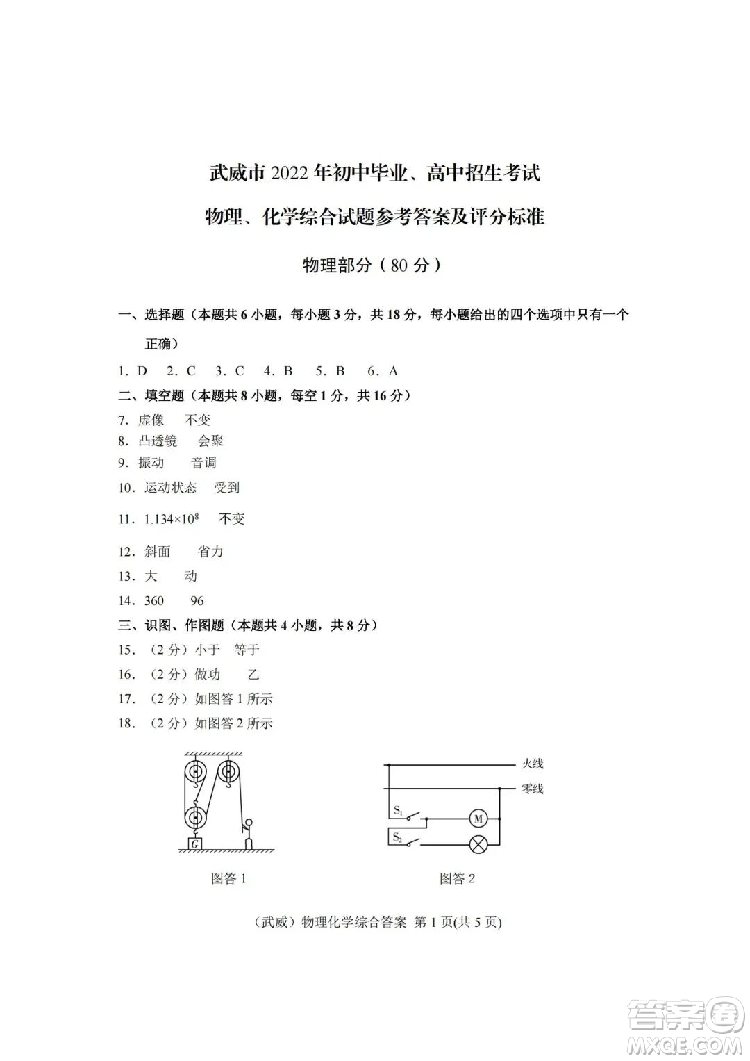 武威市2022年初中畢業(yè)高中招生考試物理化學(xué)綜合試卷及答案