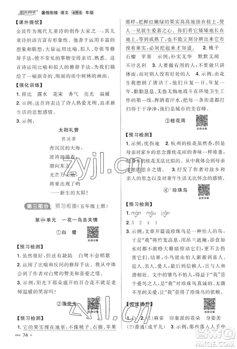 江西教育出版社2022陽(yáng)光同學(xué)暑假銜接四升五年級(jí)語(yǔ)文人教版參考答案