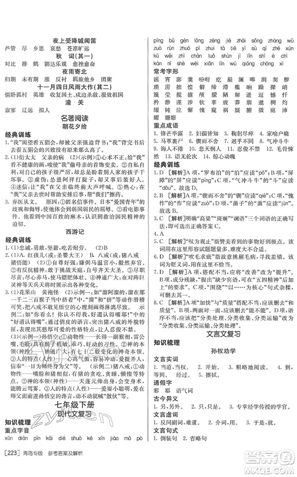 新疆青少年出版社2022升學(xué)錦囊九年級(jí)語(yǔ)文青島專版答案