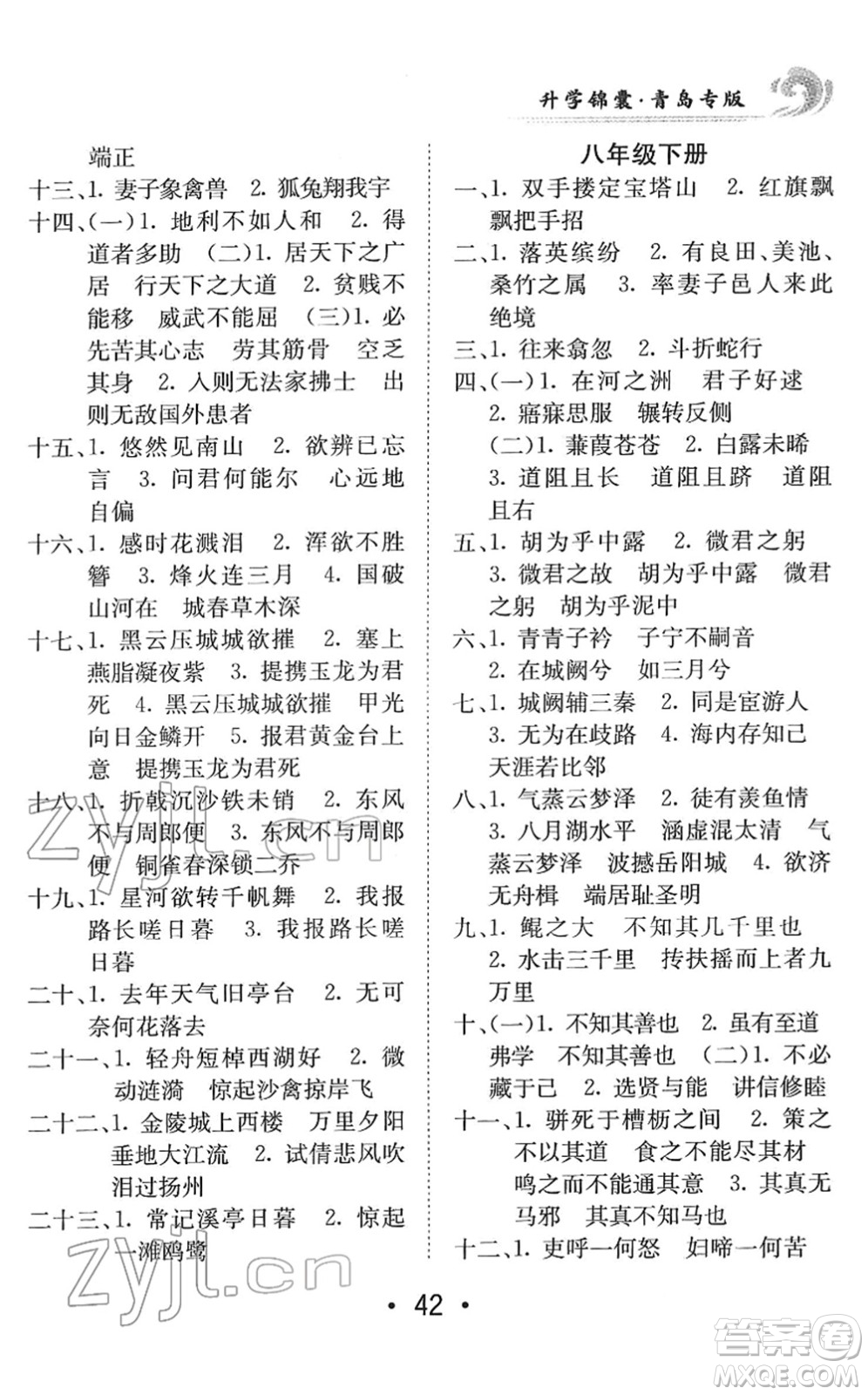 新疆青少年出版社2022升學(xué)錦囊九年級(jí)語(yǔ)文青島專版答案