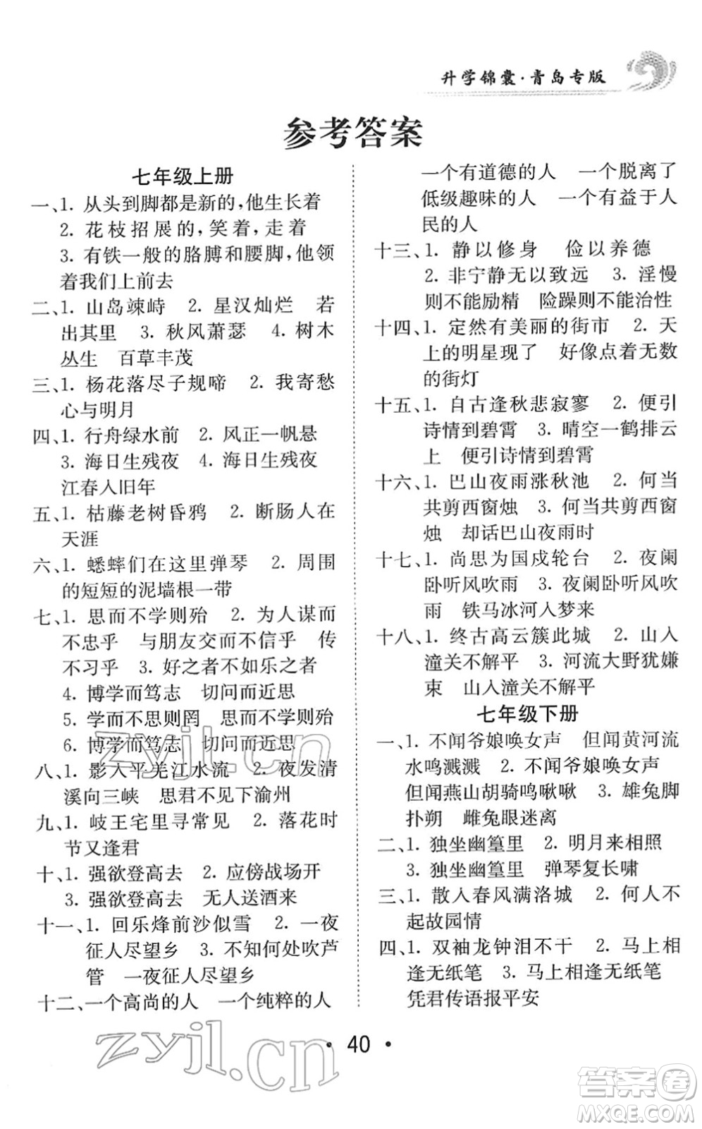 新疆青少年出版社2022升學(xué)錦囊九年級(jí)語(yǔ)文青島專版答案