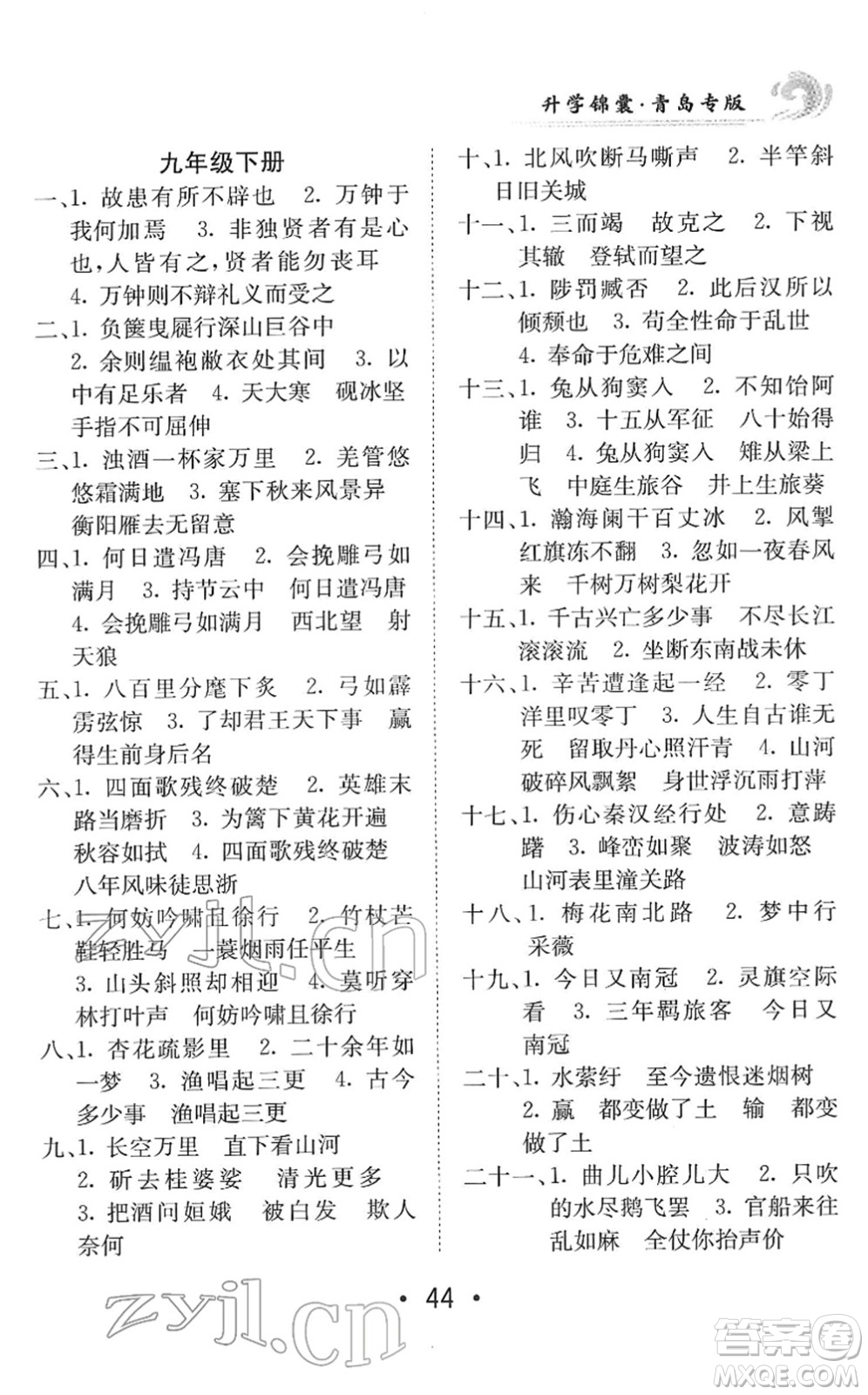 新疆青少年出版社2022升學(xué)錦囊九年級(jí)語(yǔ)文青島專版答案