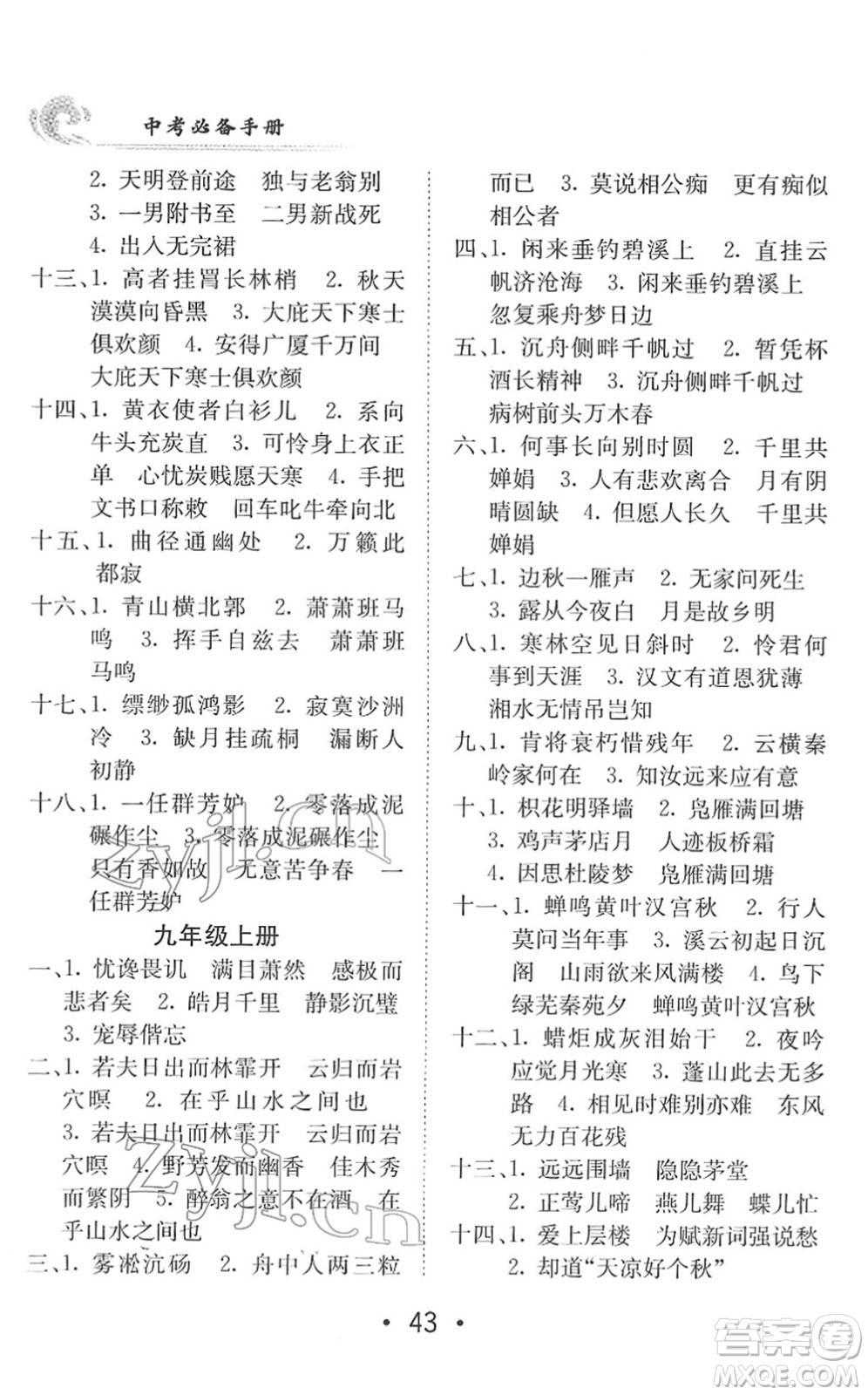 新疆青少年出版社2022升學(xué)錦囊九年級(jí)語(yǔ)文青島專版答案