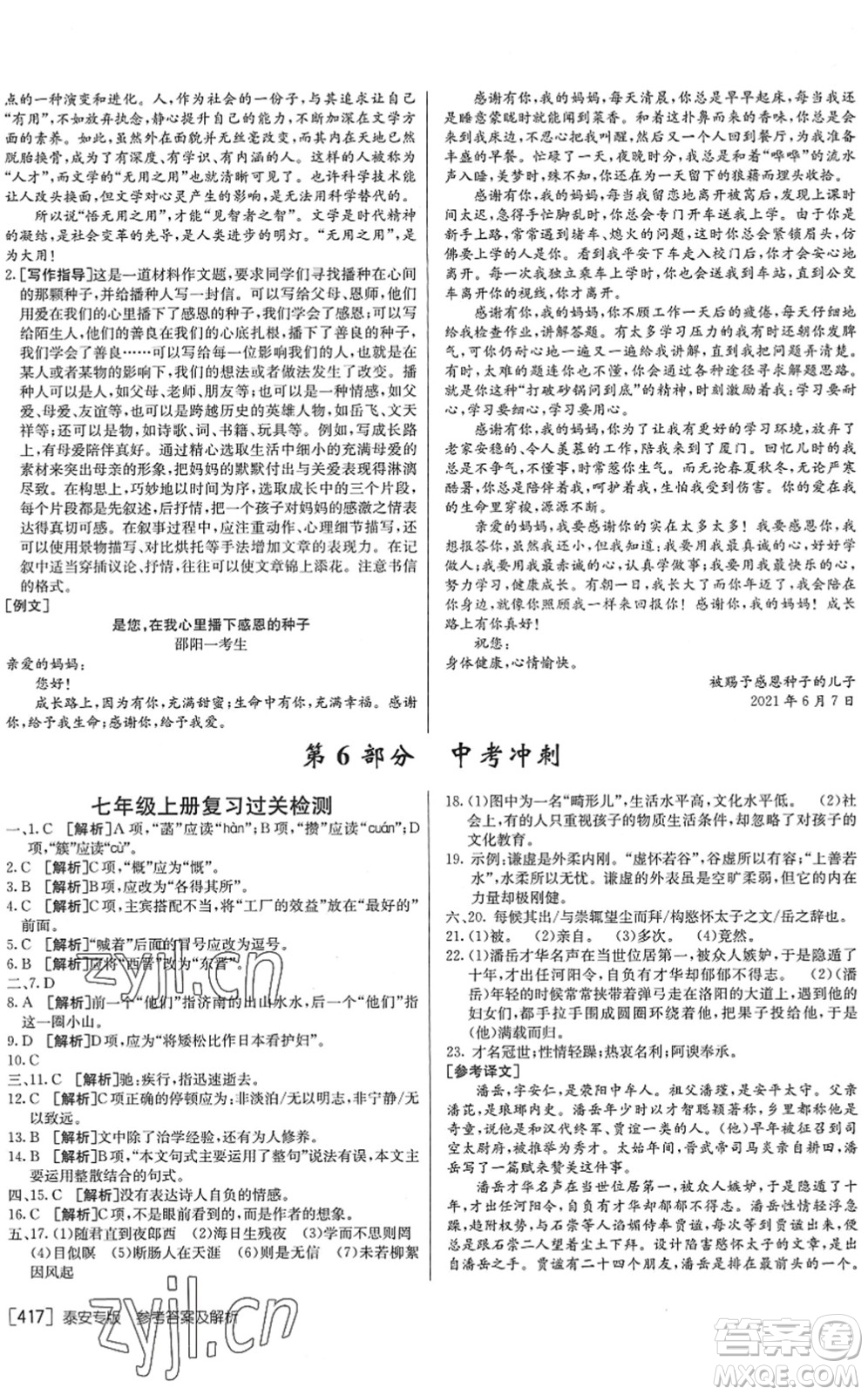 新疆青少年出版社2022升學(xué)錦囊九年級語文泰安專版答案