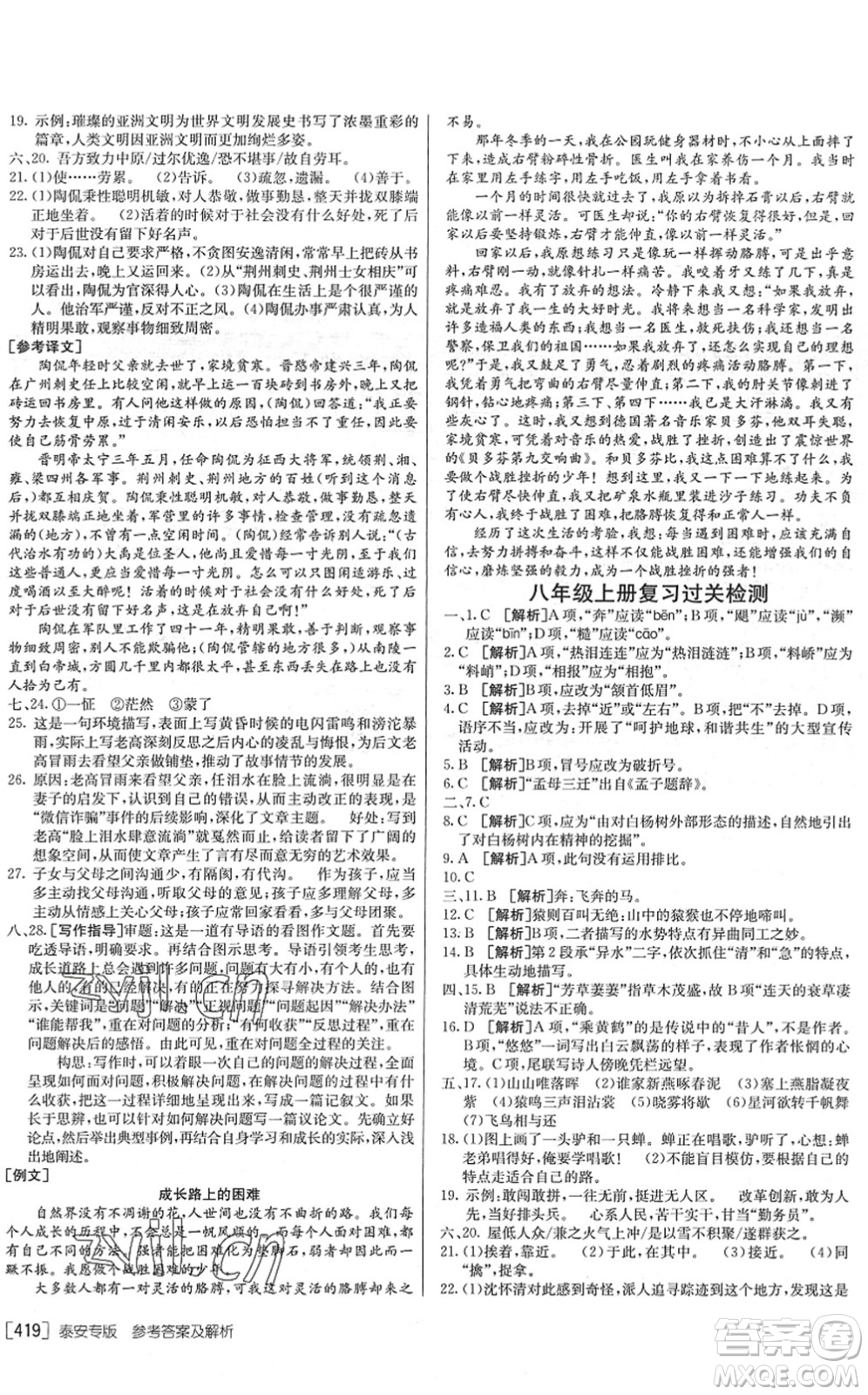 新疆青少年出版社2022升學(xué)錦囊九年級語文泰安專版答案