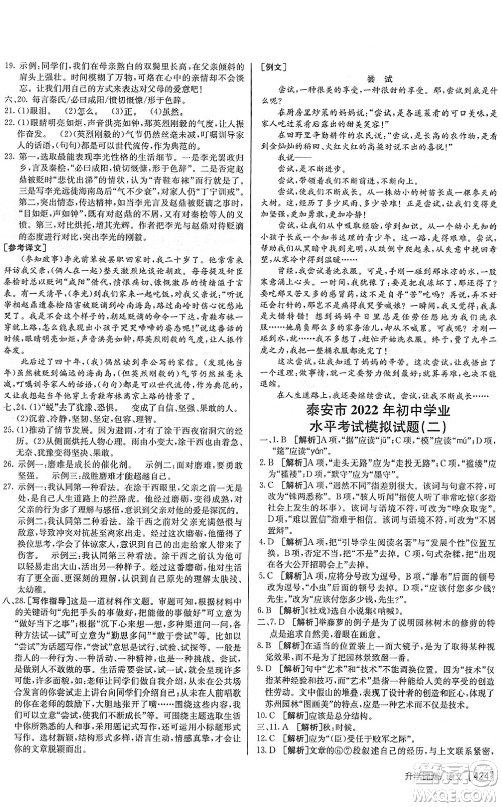 新疆青少年出版社2022升學(xué)錦囊九年級語文泰安專版答案