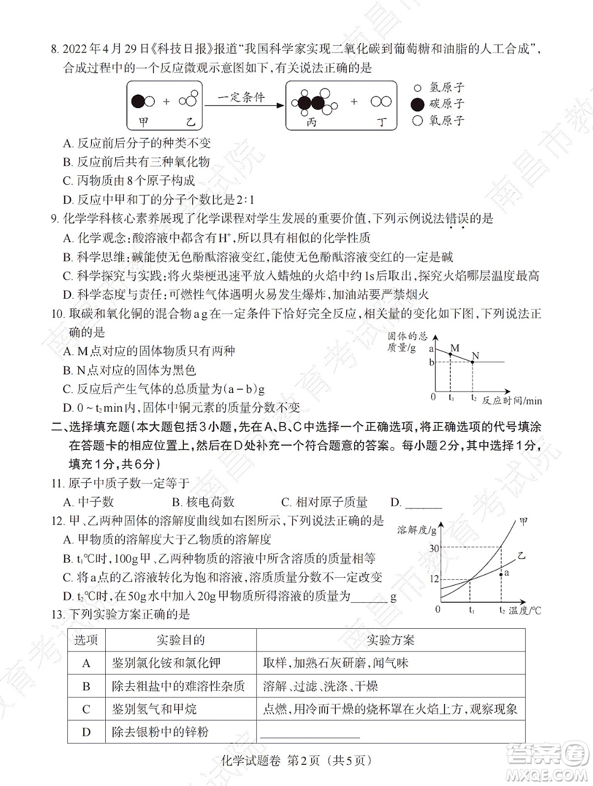 江西省2022初中學(xué)業(yè)水平考試化學(xué)試題及答案