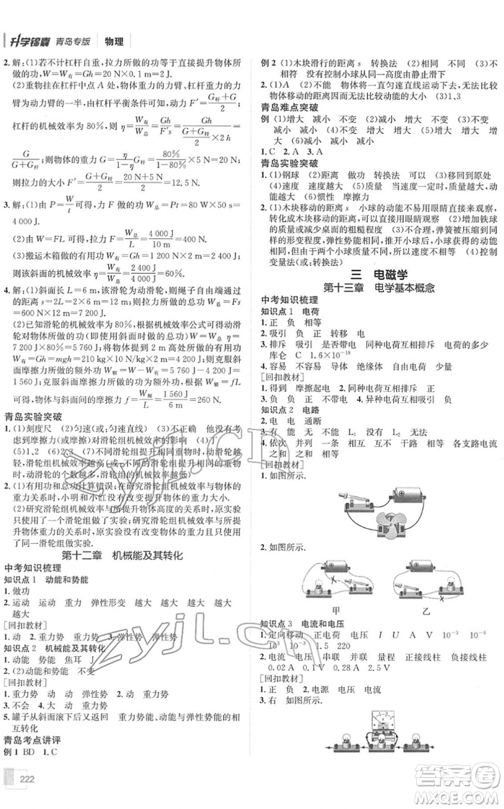 新疆青少年出版社2022升學錦囊九年級物理青島專版答案