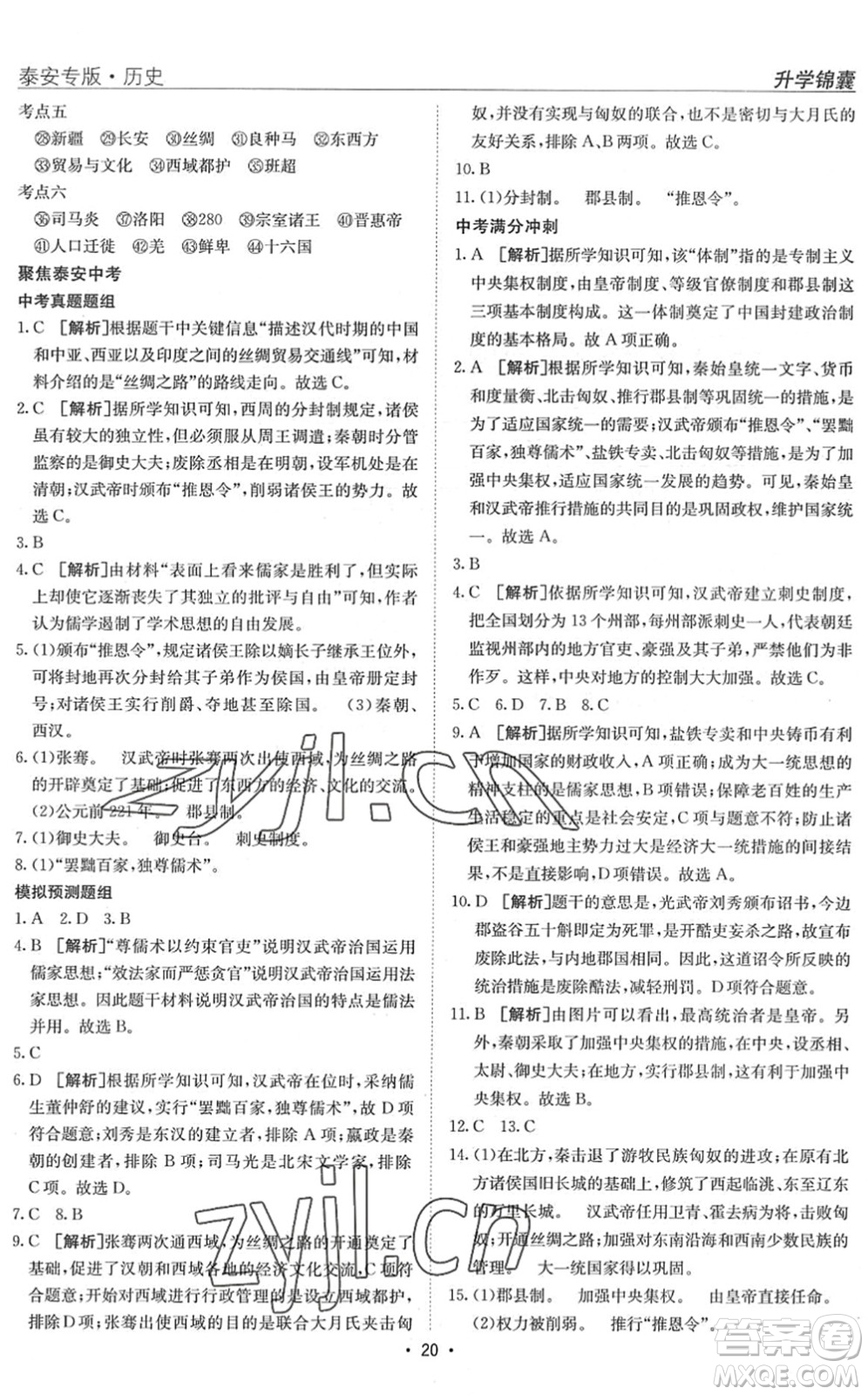 新疆青少年出版社2022升學(xué)錦囊九年級(jí)歷史泰安專版答案