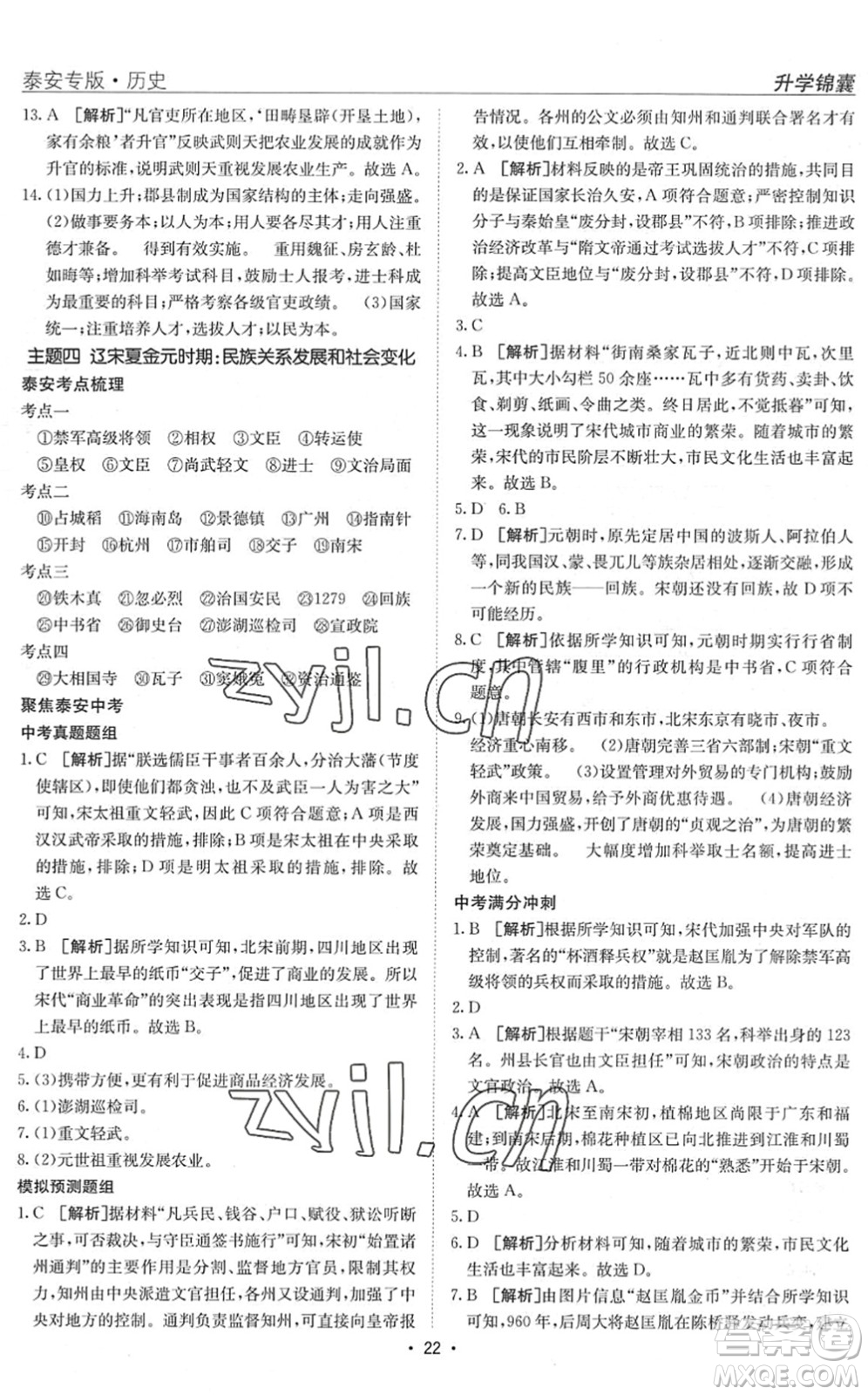 新疆青少年出版社2022升學(xué)錦囊九年級(jí)歷史泰安專版答案