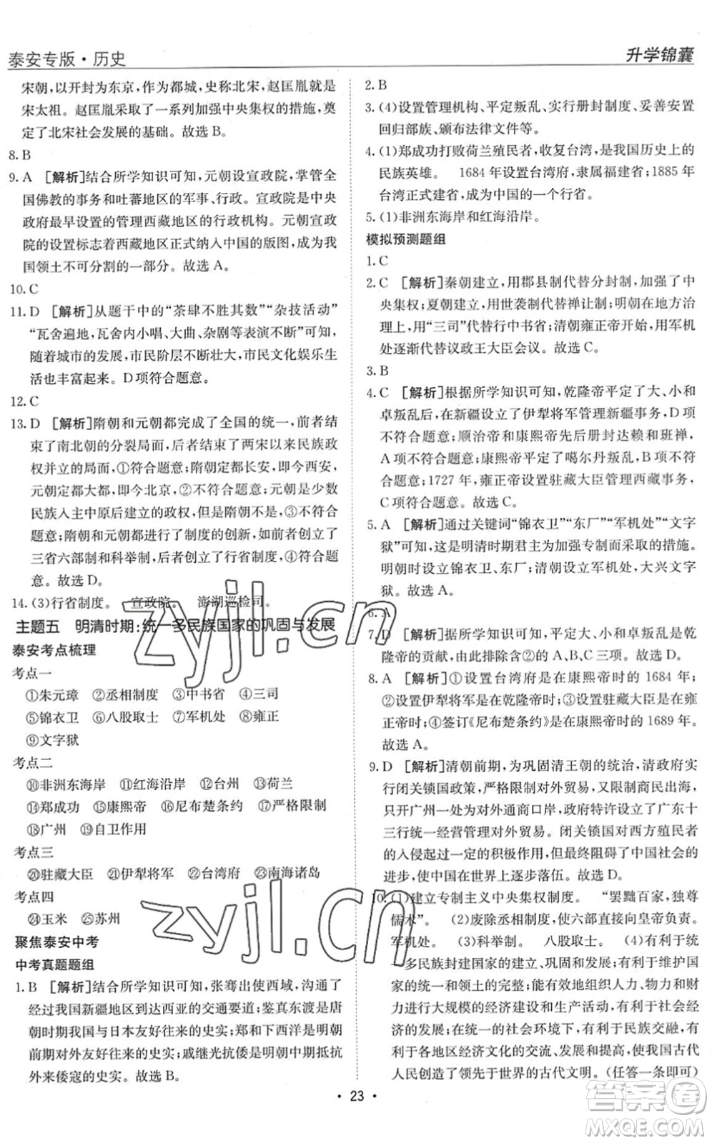 新疆青少年出版社2022升學(xué)錦囊九年級(jí)歷史泰安專版答案