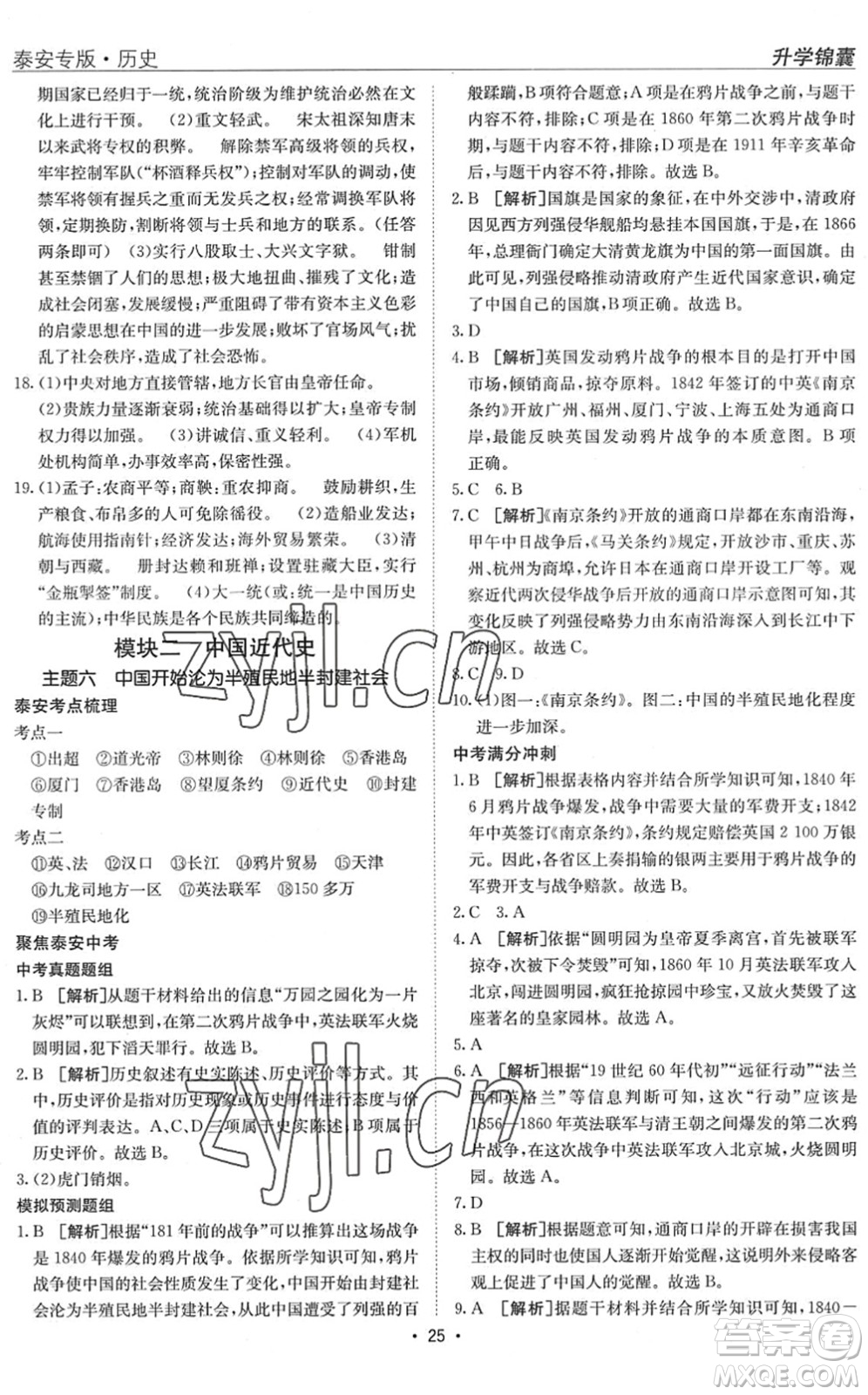 新疆青少年出版社2022升學(xué)錦囊九年級(jí)歷史泰安專版答案