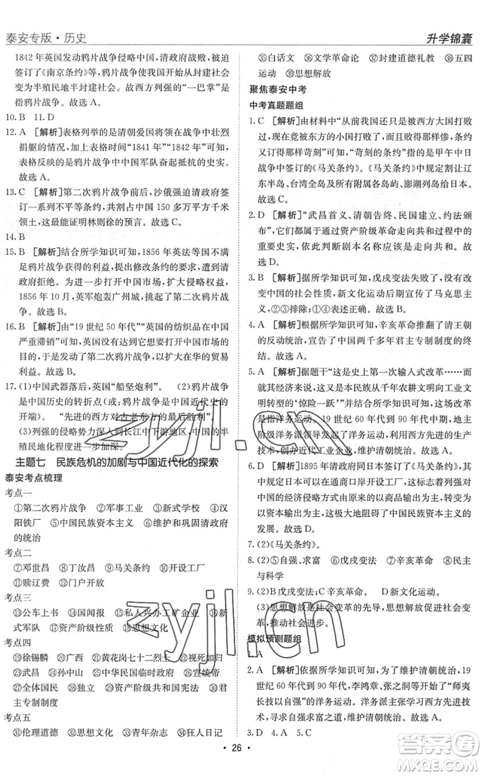 新疆青少年出版社2022升學(xué)錦囊九年級(jí)歷史泰安專版答案