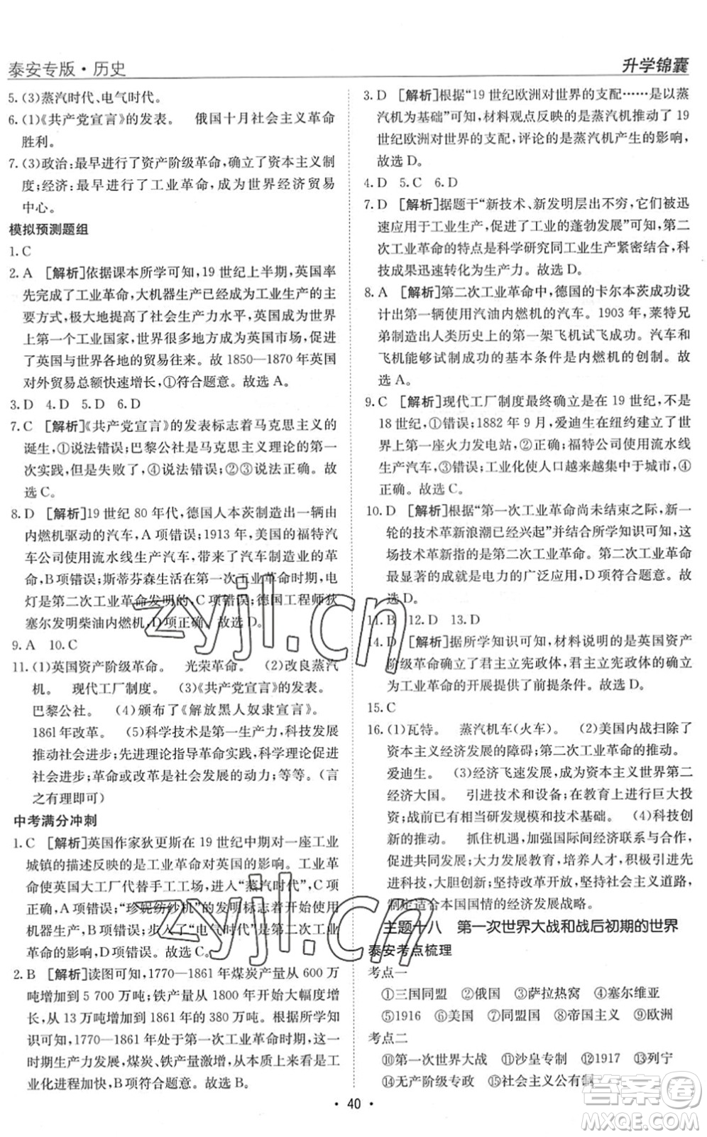 新疆青少年出版社2022升學(xué)錦囊九年級(jí)歷史泰安專版答案